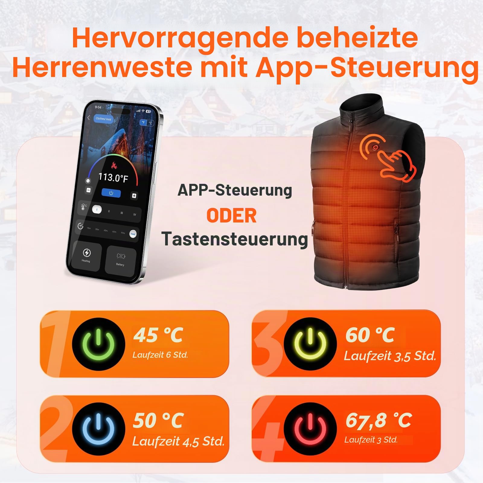 Smart Heizweste Herren mit APP Steuerung - Leichte elektrische Beheizbare Weste 4 Heizstufen für Outdoor, Jagd, Skifahren, Pendeln und Gassi gehen (Größe L)