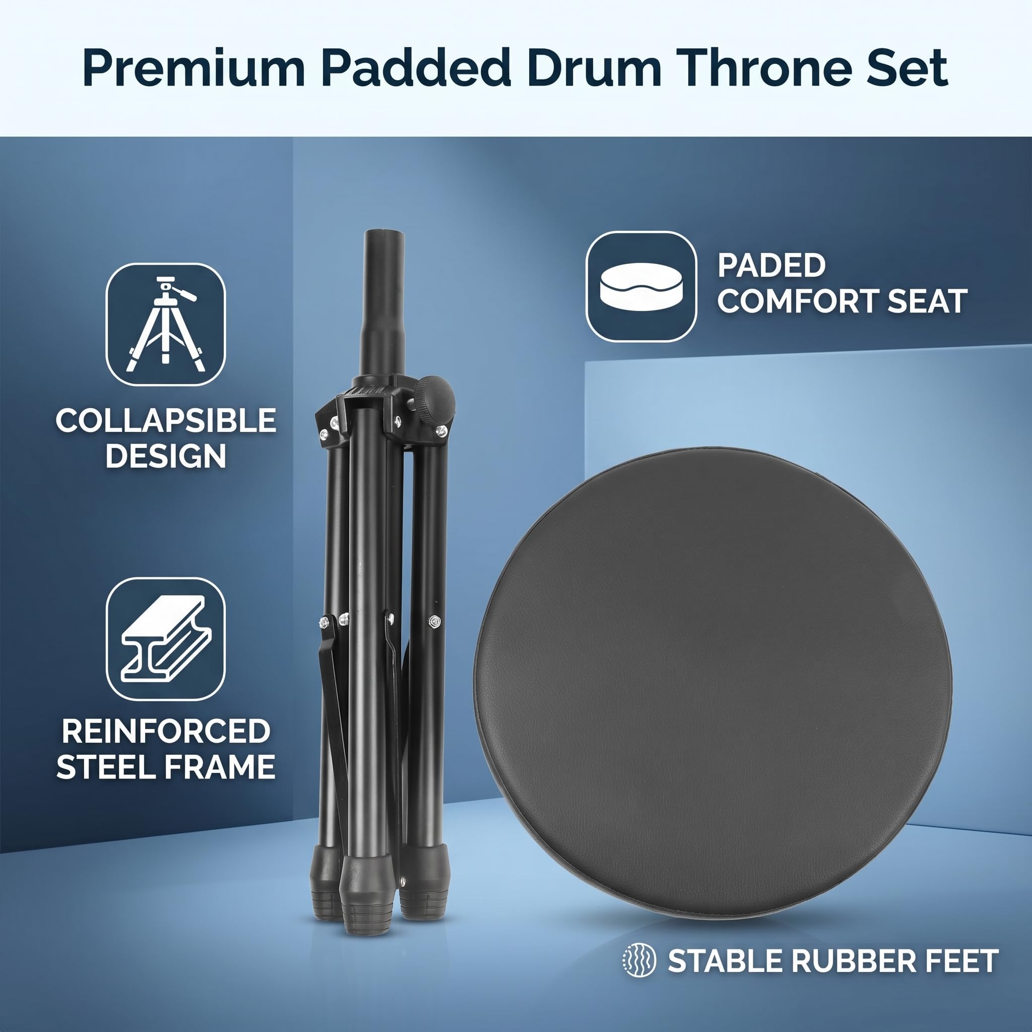 Zerodis Trono per Batteria in Metallo Ad Altezza Regolabile per Strumenti a Percussione con Comodo Sedile Imbottito per Batteristi e Tastieristi Sgabello per Batteria Girevole