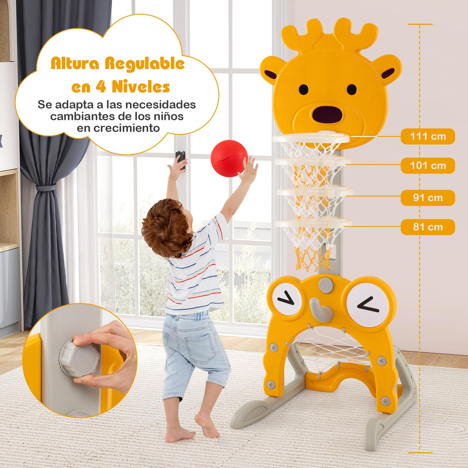 COSTWAY Canasta de Baloncesto para Niños, 4 en 1 Centro de Actividades para Interiores y Exteriores con Aro, Portería de Fútbol, Juego de Anillas, Golf, 4 Altura Ajustable y Base Rellenable (Ciervo)
