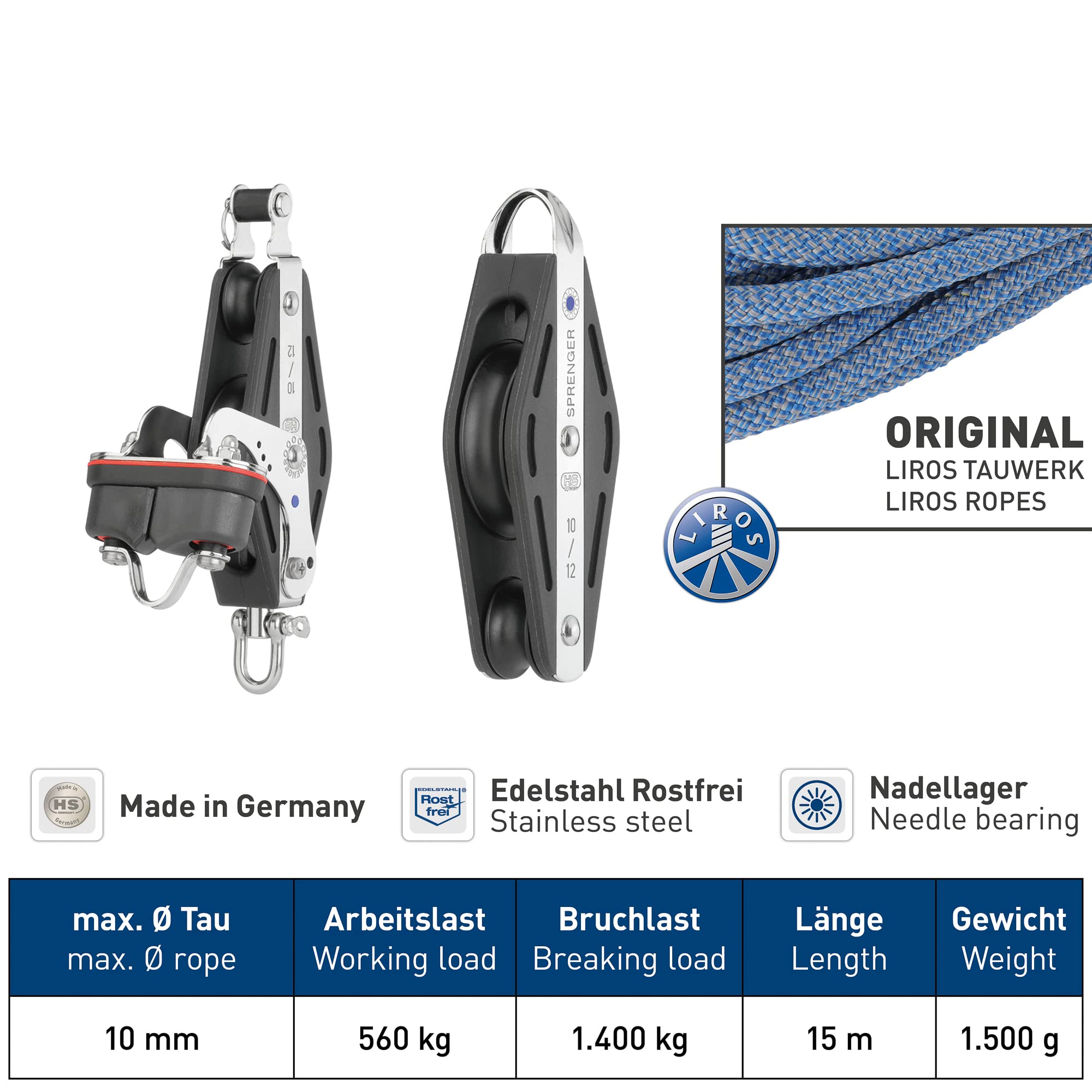 Sprenger Palan complet de grande voile roulement à aiguilles cordage 10 mm 15 m
