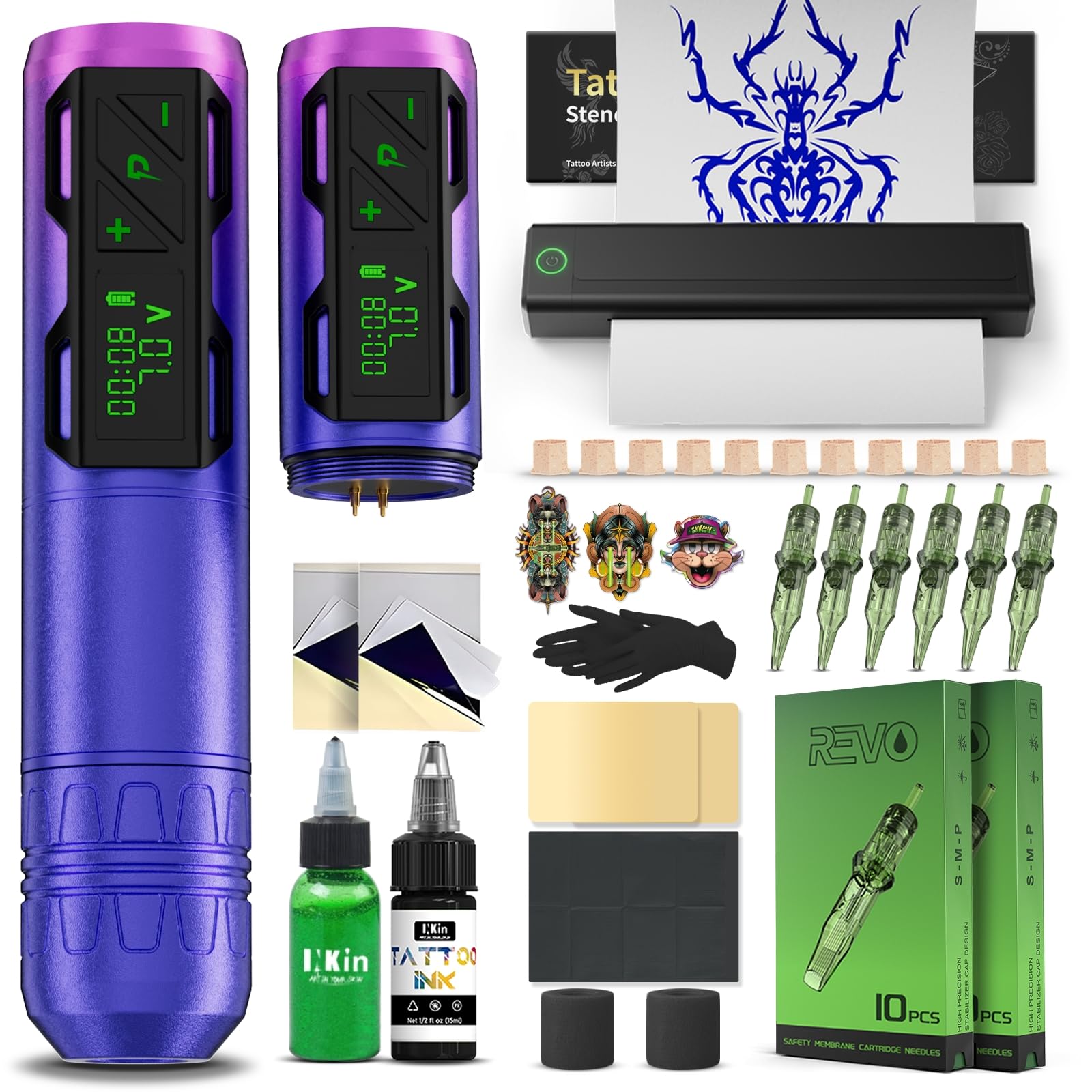 INKin Tattoo Maschine Set, Kabelloser Tätowiermaschine mit 4.0 Hublänge und 2pcs 1800mAh Batterien, Tattoo Zubehör Set Komplett mit Tattoo Drucker Bluetooth, Stencil Stuff, Tattoo Farbe und Nadeln