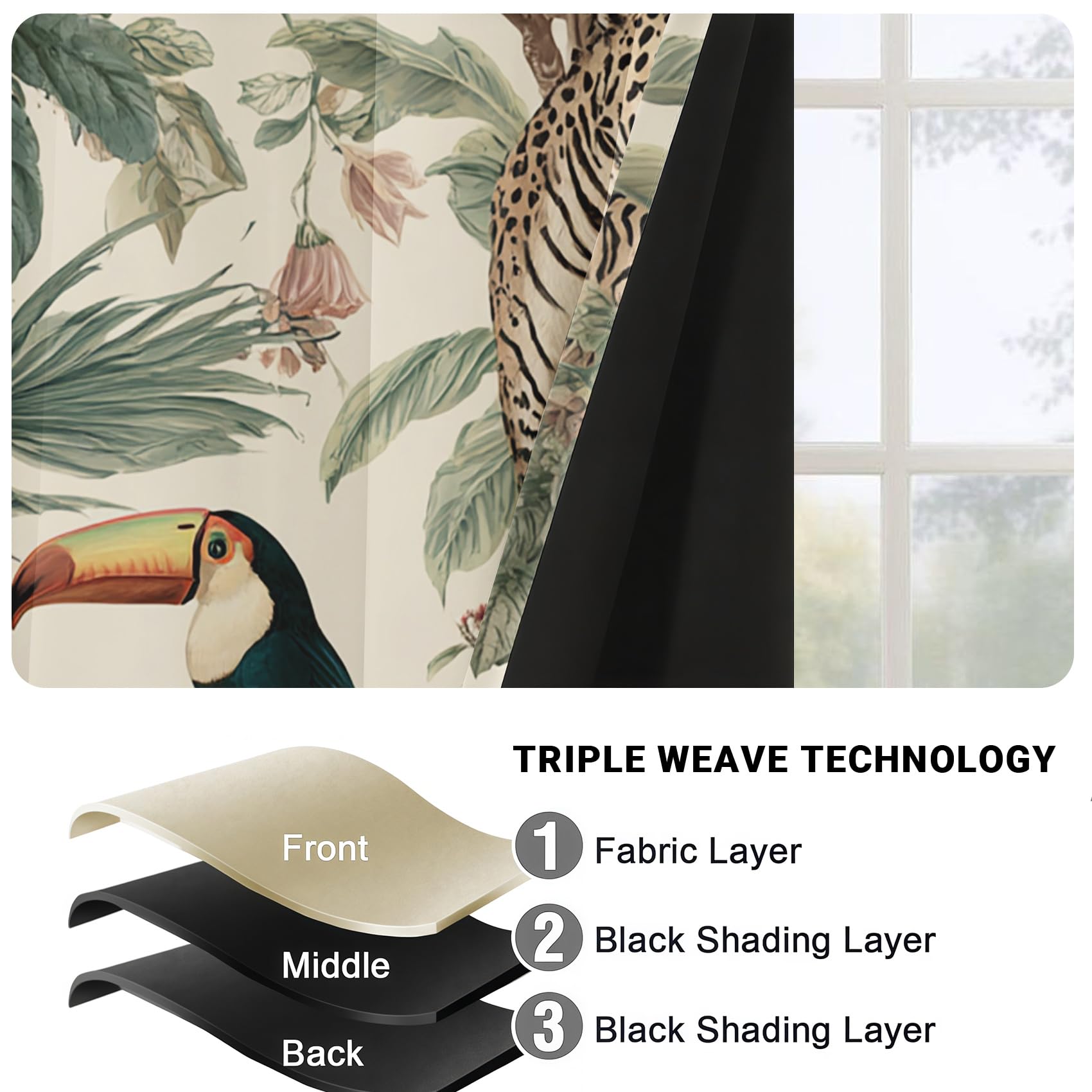Rideau Occultant Jungle Tropicale, Rideaux Motif Safari Animaux, Rideau Thermique Chambre Salon Fenetre, Fleurs Feuilles de Palmier Lot de 2 Rideaux et Draperies Intérieurs à Oeillets, 140x240cm, yi5