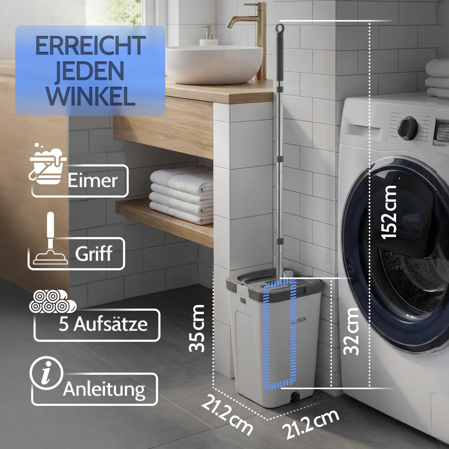Allyson® Wischmopp Set mit Eimer, Auswringer, Haarentferner, inkl. 15 Mops | 3-Kammer-System für Wischen, Spülen & Trocknen, ohne Bücken & nasse Hände, gummierter Griff, für Fliesen & Laminat