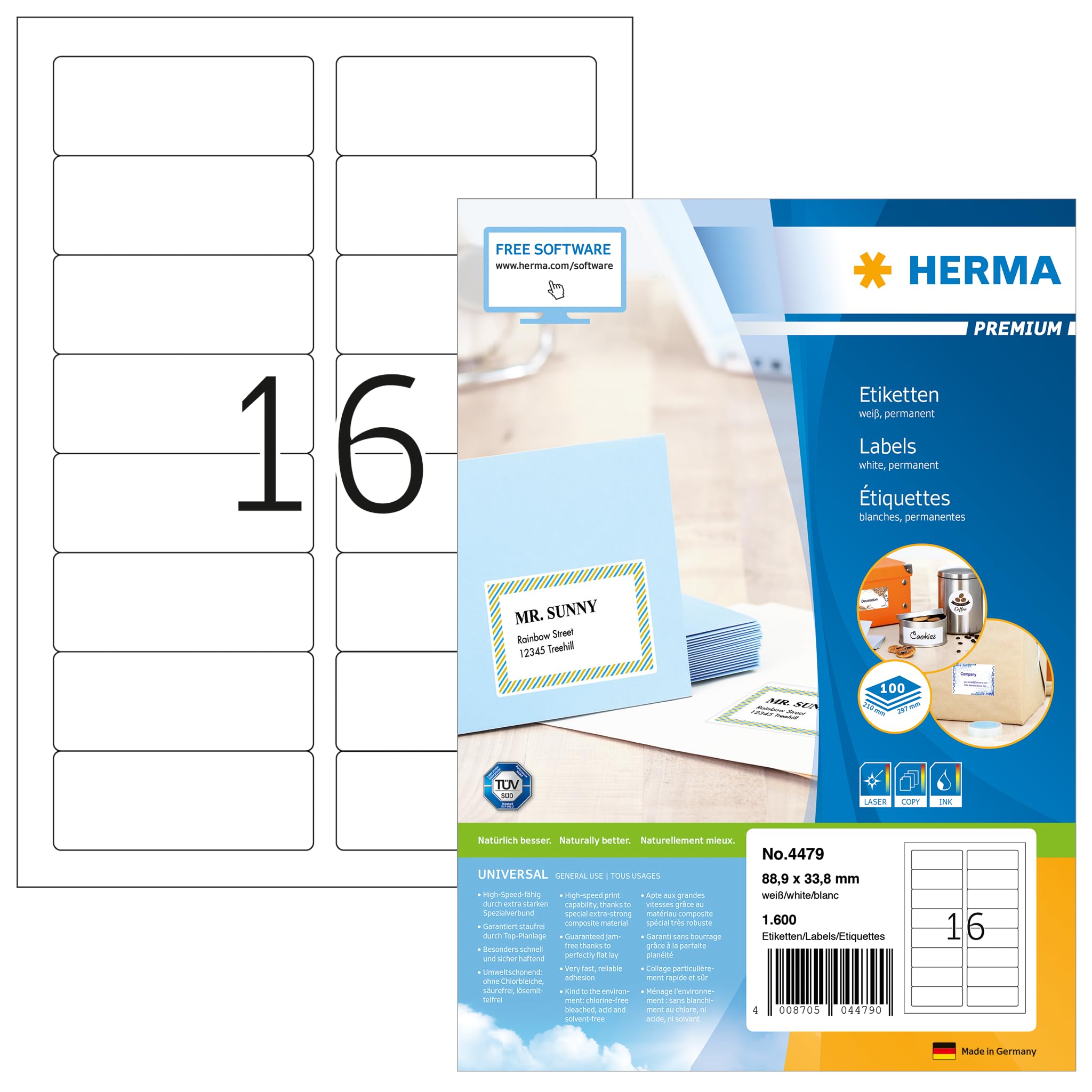 HERMA 4479 Adressetiketten, 100 Blatt, 88,9 x 33,8 mm, 16 pro A4 Bogen, 1600 Stück, selbstklebend, bedruckbar, matt, blanko Papier Adressaufkleber Etiketten, weiß