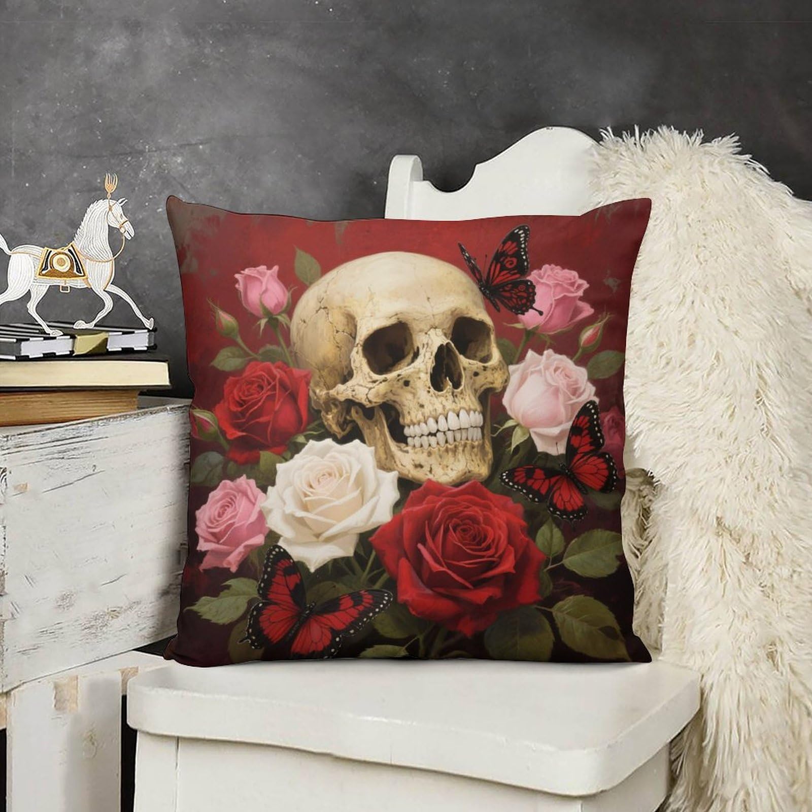 FodPand Boho Farmhouse Vintage Rose Skull Pillow Covers with Hidden Zipper 12x12 Soft Plush Cushion Cover Decorative Throw Pillow Cases for Couch Bed Sofa Living Room Indoor Outdoor Home Decor