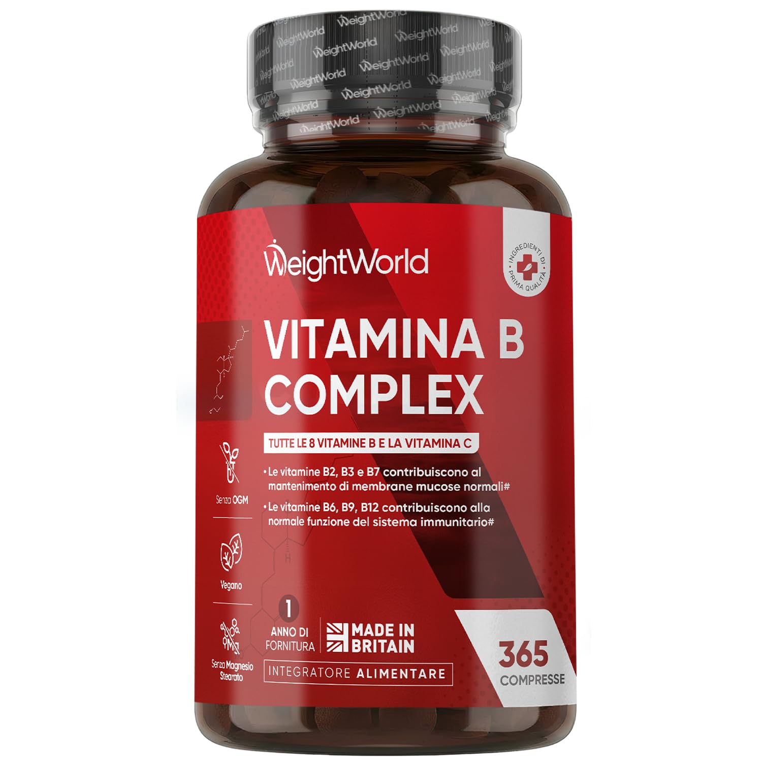 Vitamina B Complex, 365 Compresse Vegane, 1 al Giorno (1 Anno), con Biotina, Acido Folico, Riboflavina, Inositolo, Vitamina B12, B1, B3, B4, B5, B6 e Vit C (Acido Ascorbico), Senza Magnesio Stearato