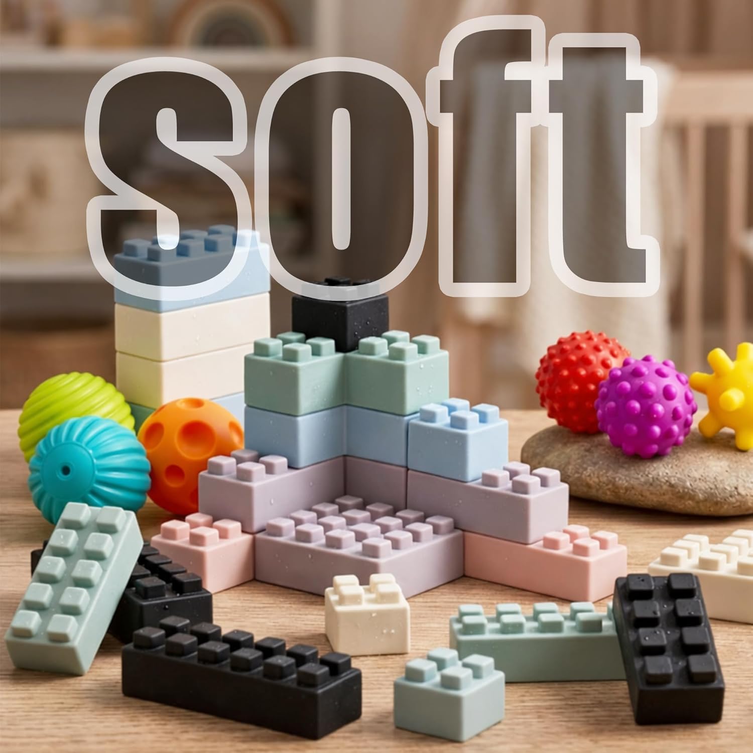 Baby Bath Toys & Sensory Balls Bundle, 6 Pack Soft Baby Balls + 24PCS Silicone Stacking Blocks, Montessori Bath & Building Toys Set, Teether Sensory Toy for Babies 6–12 Months & Toddlers 1–3