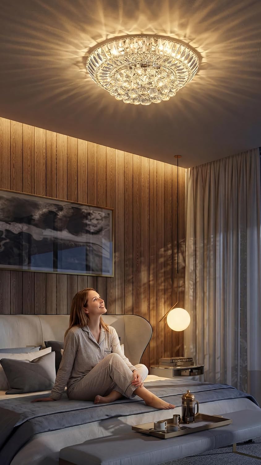 20" Crystal Ball Flush Mount Ceiling Light, Chrome Metal Frame with Sphere Pendants, 12 G9 Sockets (Bulbs Not Included), 7.5" H for Low Ceilings, Dimmable for 10-18㎡ Rooms