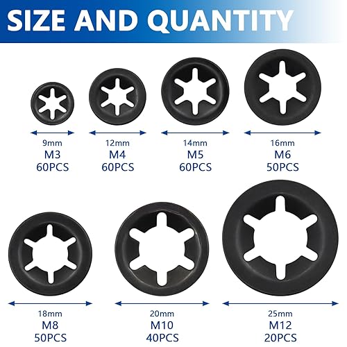 Miniatura 2 de BDS-HOME Kit surtido de arandelas Starlock de dientes internos de 340 piezas, 7 tamaños, arandelas de sujeción de acero 65Mn, acabado de óxido