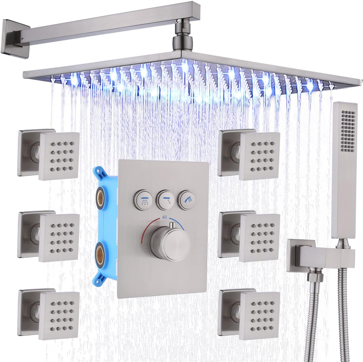 Enga Shower System with Body Jets, Push Button Diverter 12 Inch LED Rain Shower Head and Handheld with Body Spray, All Functions Can Run At Once, Brushed Nickel