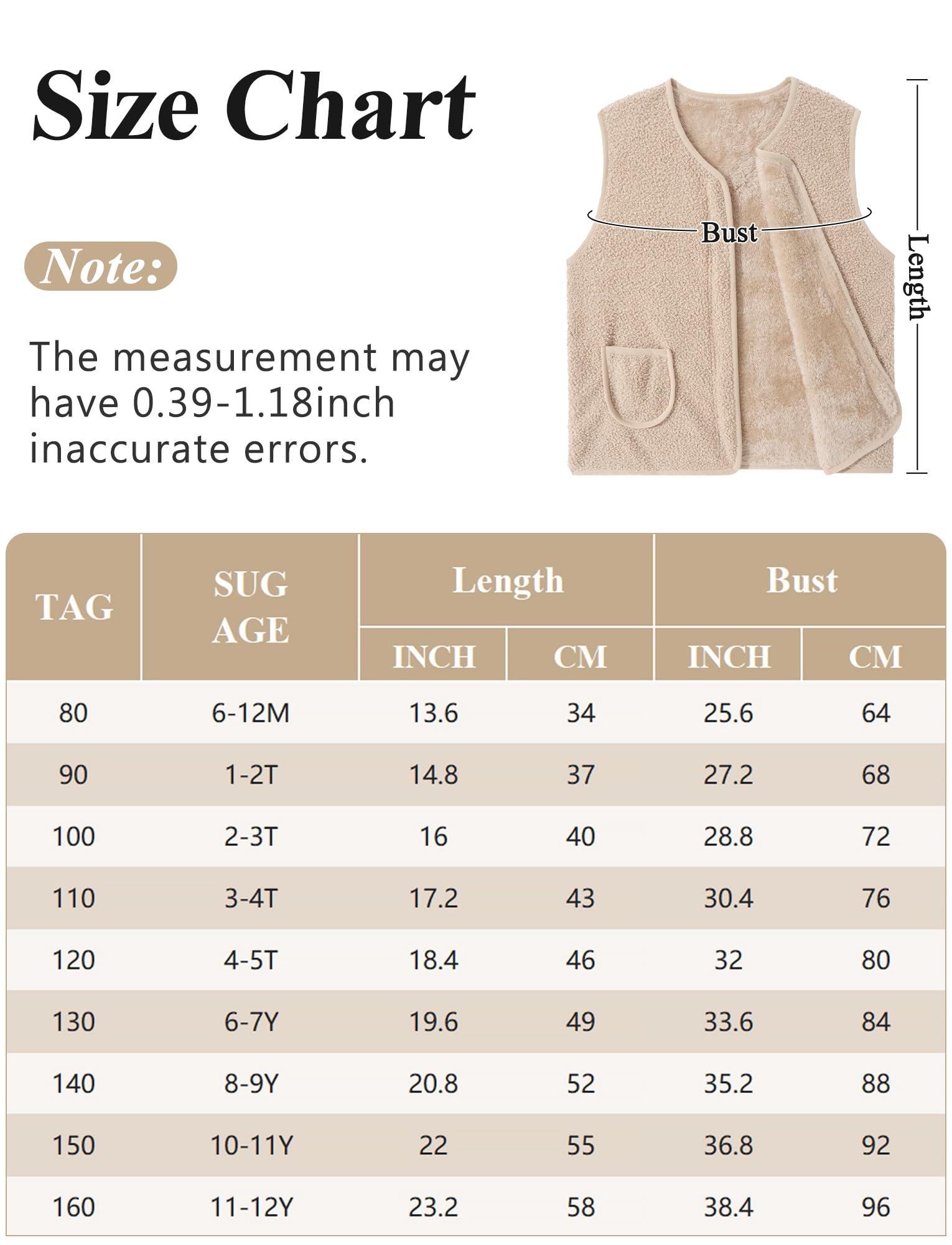 SEAUR Enfant Gilet Polaire Garçons Fille Veste Sans Manches avec Fermeture Éclair Printemps Automne Hiver Chaude Manteaux 80-160CM