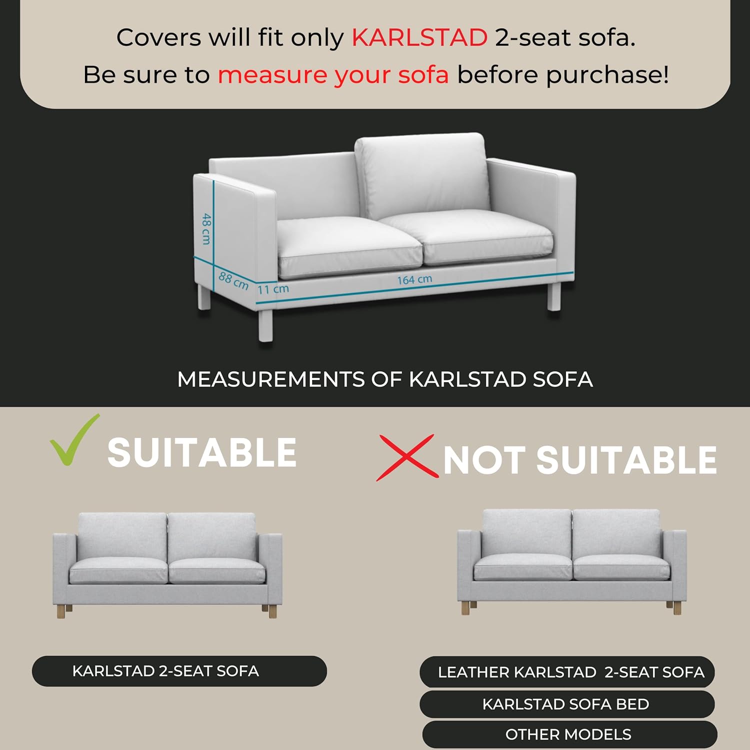 comfortly | Cover for Karlstad 2 Seat Sofa, Replacement Slipcover, Heavy Duty 7 pcs Cover, Pets and Stain Proof Durable Nano-Tech Fabric, Easy to Clean & Replace (Cashmere Blends - Rabbit)