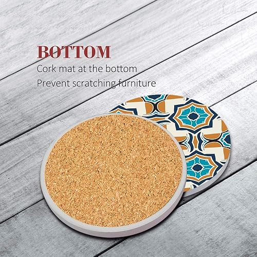 Miniatura 5 de Juego de 6 posavasos para bebidas, con patrón de cerámica ornamentada marroquí española, tapete de piedra de cerámica absorbente, con base de corcho