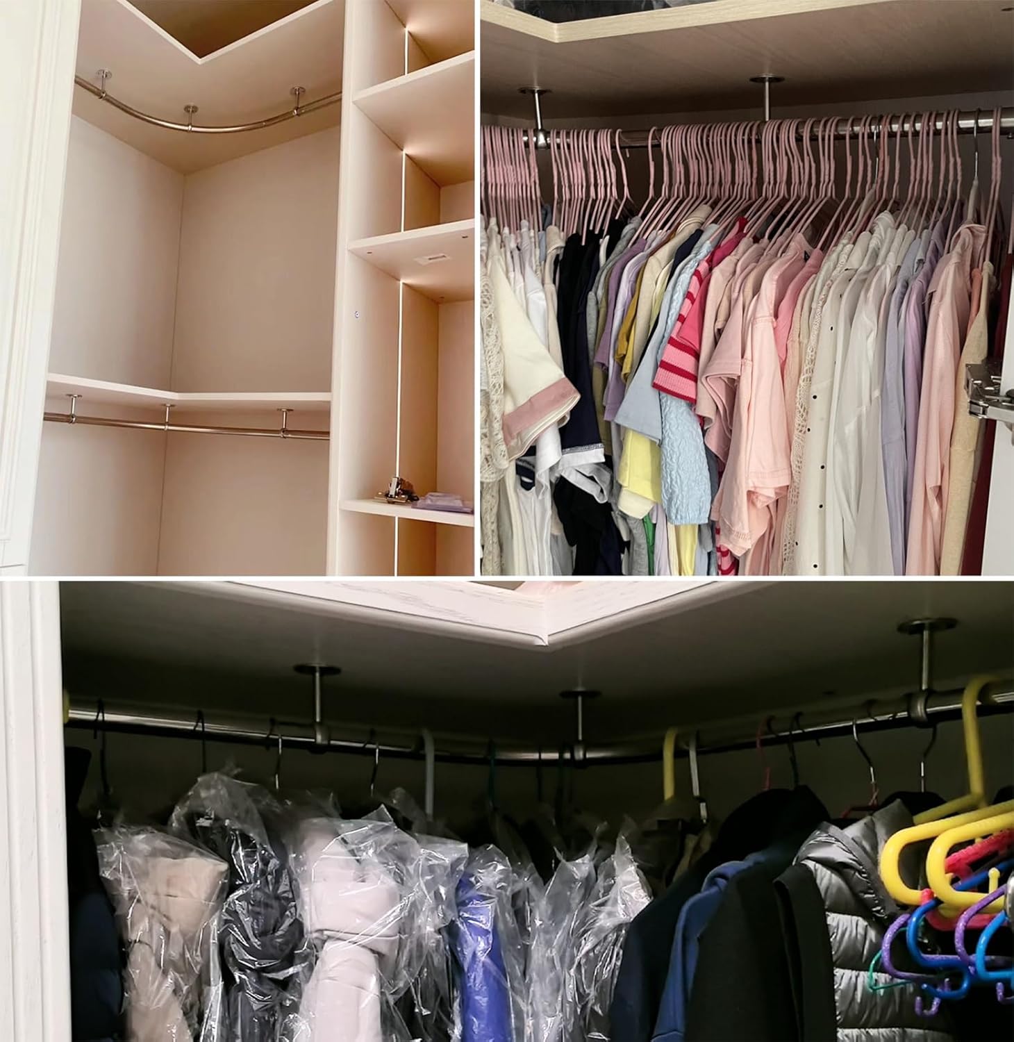 90 Degree Corner Closet Rod for L-Shaped Wardrobes, Curved Stainless Steel Clothes Bar, Space-Saving Hanging Pole with Support Brackets(120x120cm(47.2x47.2in))