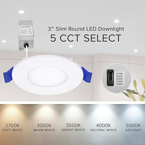 Miniatura 6 de Maxxima Lámpara LED empotrable ultrafina de 3 pulgadas, 5 CCT, 500 lúmenes, luz delgada sin lata, clasificación IC, temperatura de 5 colores