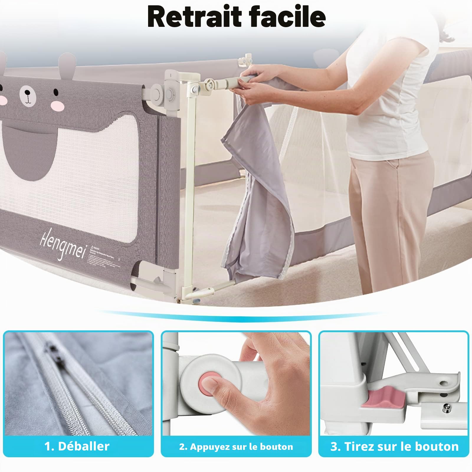 Hengmei - Barrière de lit - Réglable en hauteur - 150 cm - Protection anti-chute - Pour bébé et enfant (ourson)