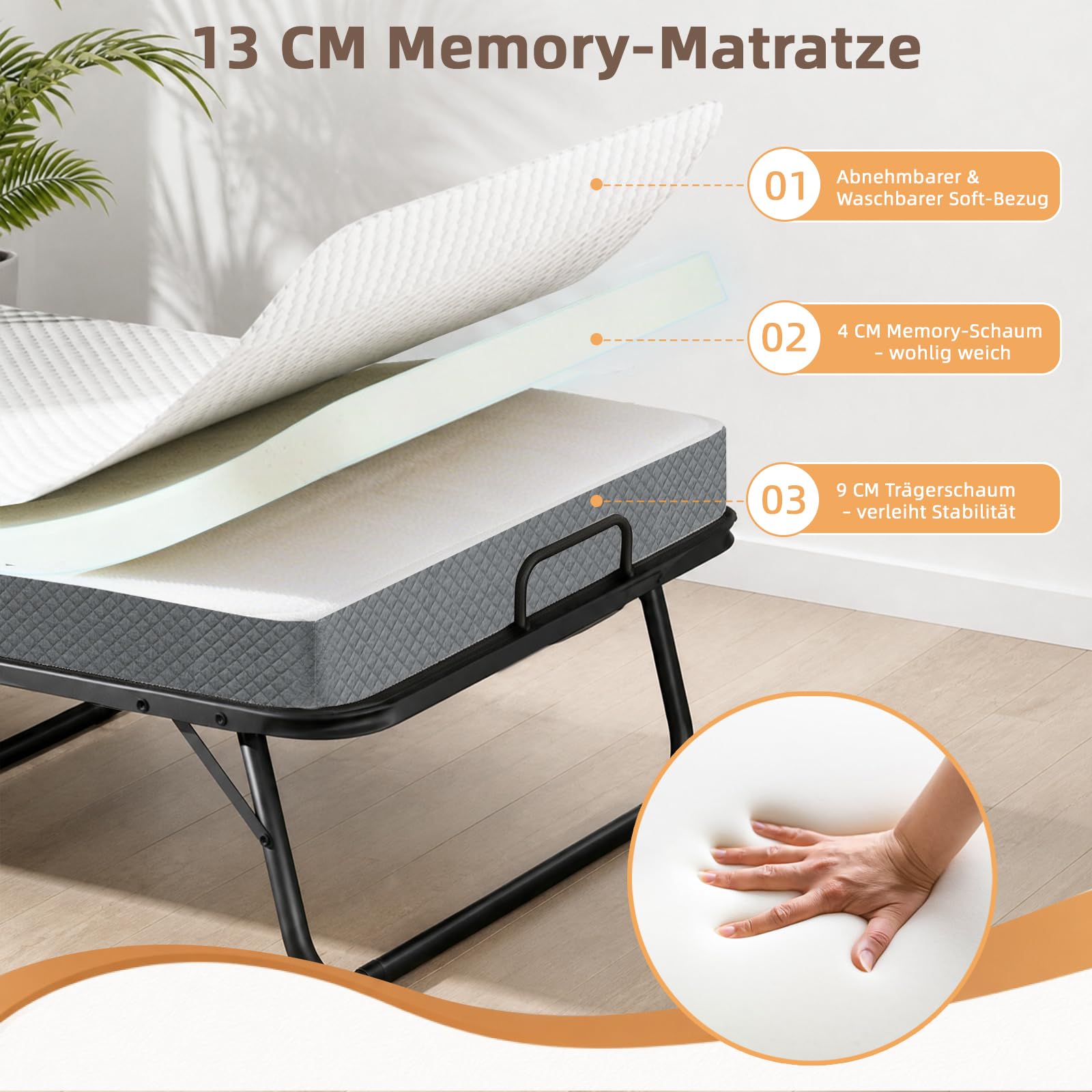 Klappbett 192x97cm, Gästebett Klappbar mit Matratze ca.13cm Dicker