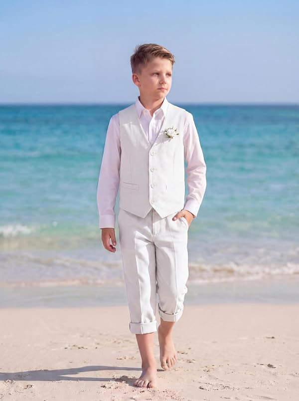 Kismissal Boys Linen Suits 3 Pieces Blazer Vest Pant Lightweight Summer Classic Fit Solid Formal Beach Communion Easter Suit,White,14 by Kismissal - Used condition - Image 7