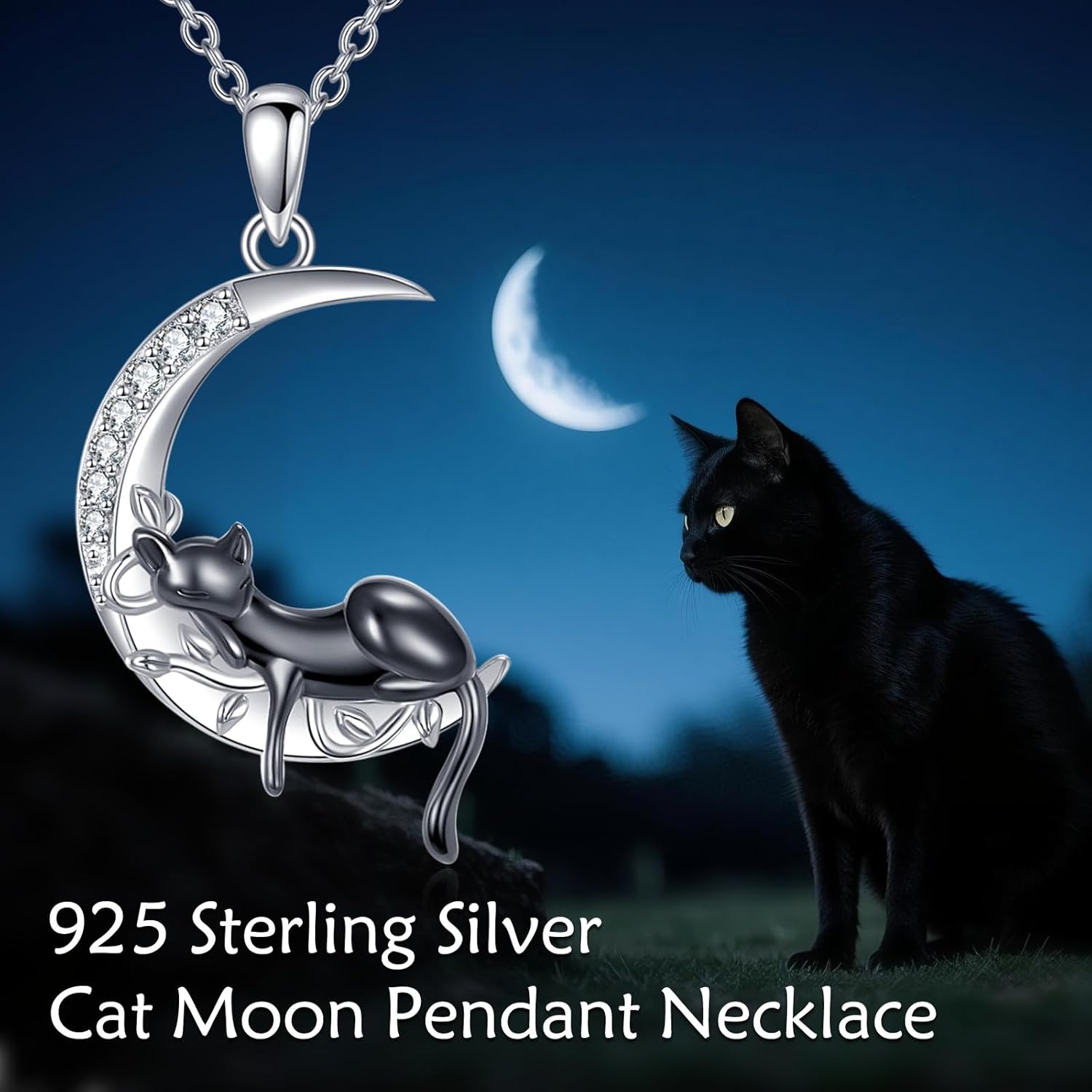 WSX Fox/Black Cat/Panda/Axolotl Moon Pendant Necklace for Women 925 Sterling Silver Crescent Moon Animal Necklace Cute Animal Birthday Jewelry Gifts - Image 6