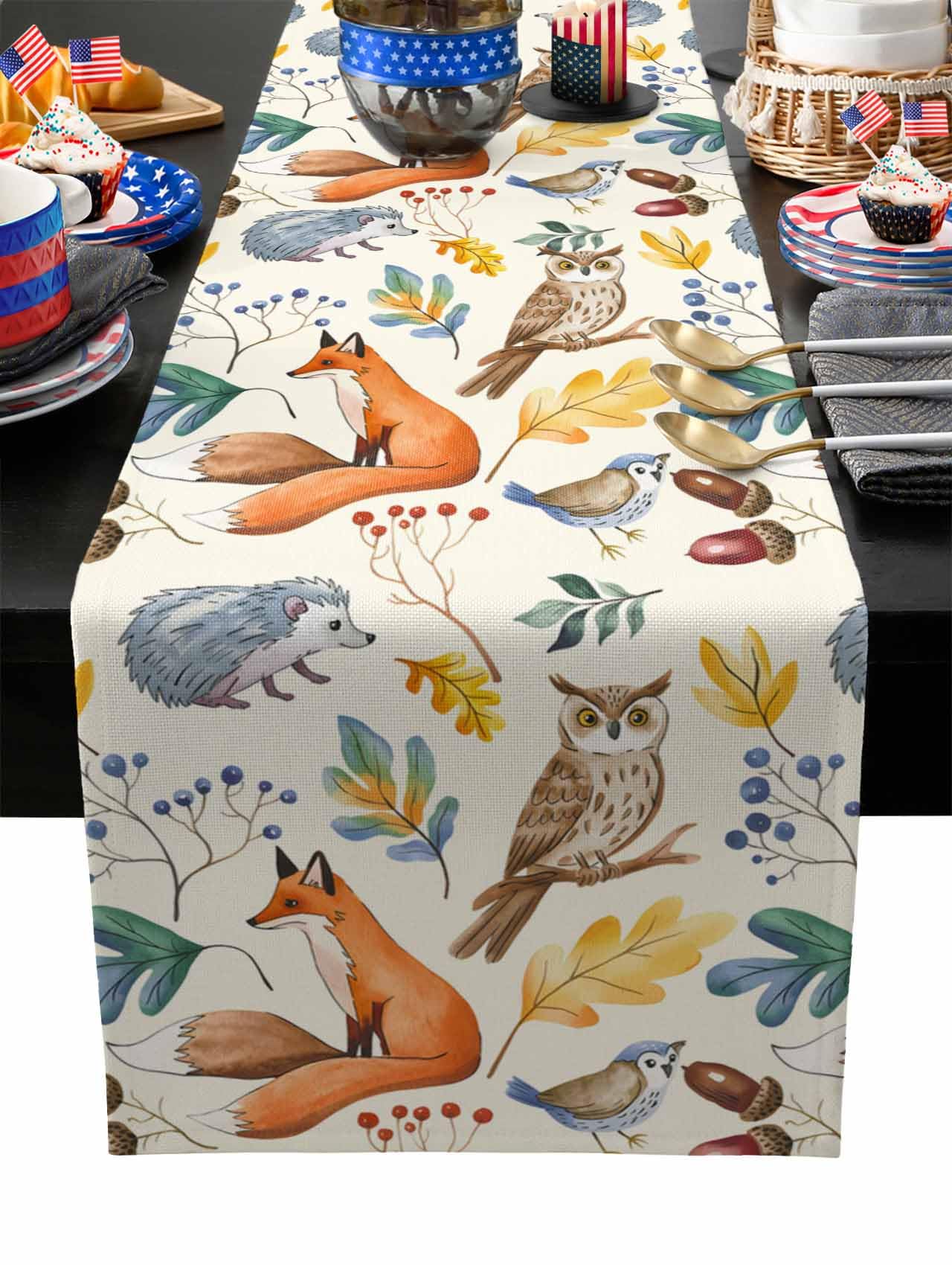 Fall Table Runner Autumn Animal Table Runners Harvest Thanksgiving Owl Bird Fox Leaves Cotton Linen Dresser Scarf Kitchen Dining Table Decor for