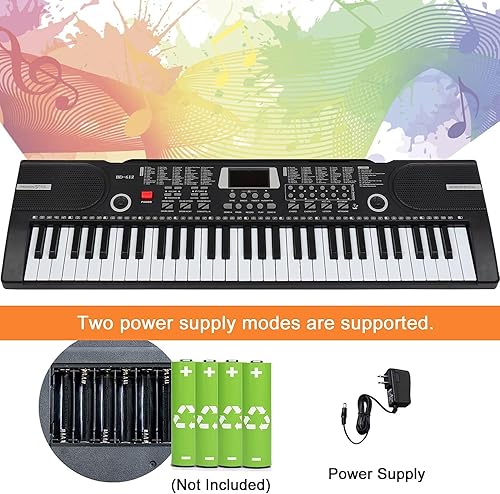 Miniatura 5 de Piano de teclado de 61 teclas, piano digital electrónico con micrófono de altavoz integrado, soporte para hojas y fuente de alimentación, teclado de