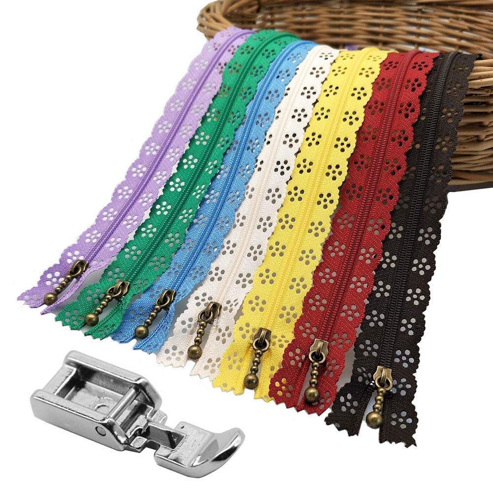 Fbshicung 20pcs(16inch) Lace Zippers & Durable Nylon Coil Closed Ended Zipper with 1* Durable Narrow Clip-on Zip Zipper Presser Foot for Brother, Singer & More