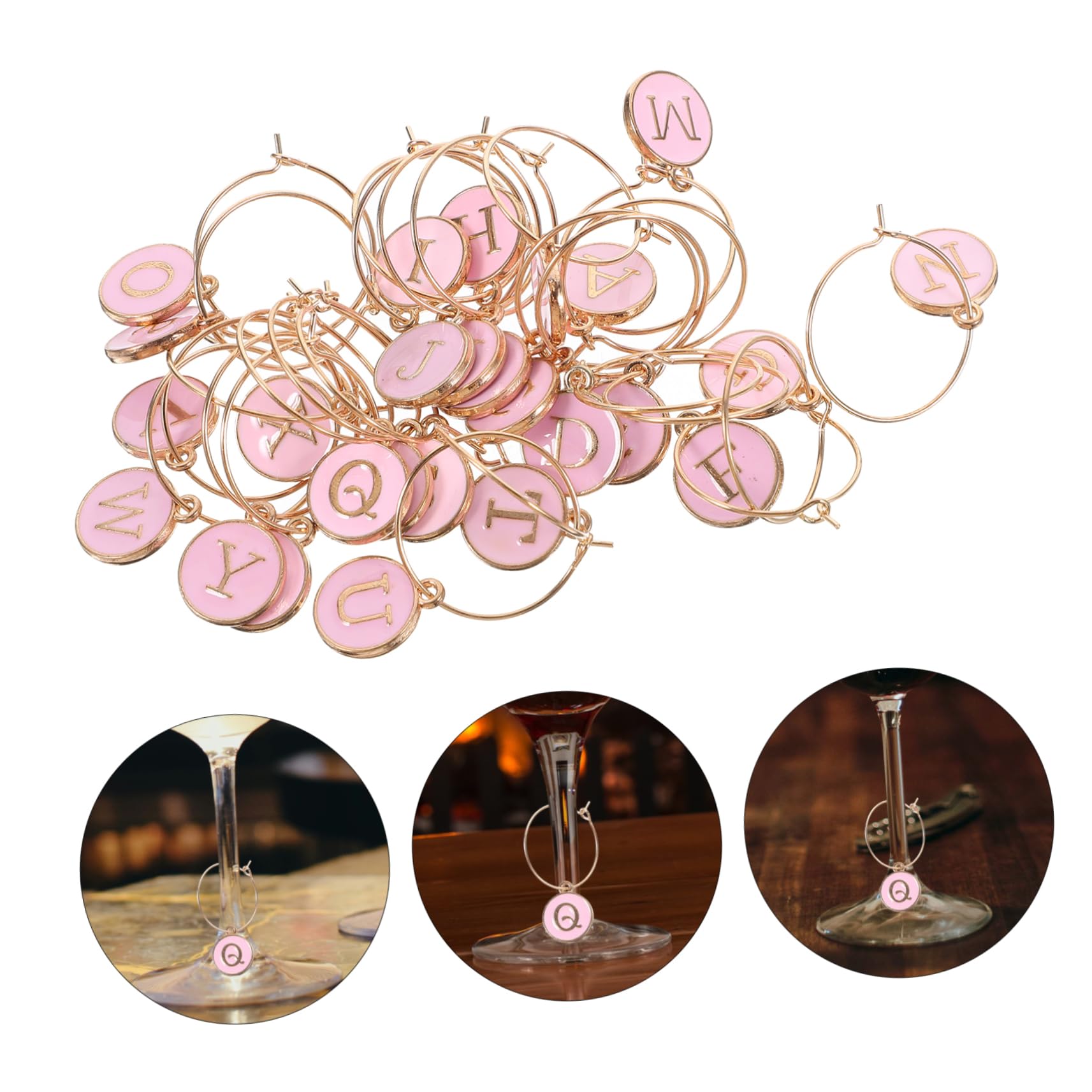 MAGICLULU 130 Pz Anello Di Bicchiere Di Vino Etichette Delicati Segnatazza Ciondoli Del Vino Dell'alfabeto Incantesimi Di Vino Marcatori Di Tazze Lega Di Zinco Rosa