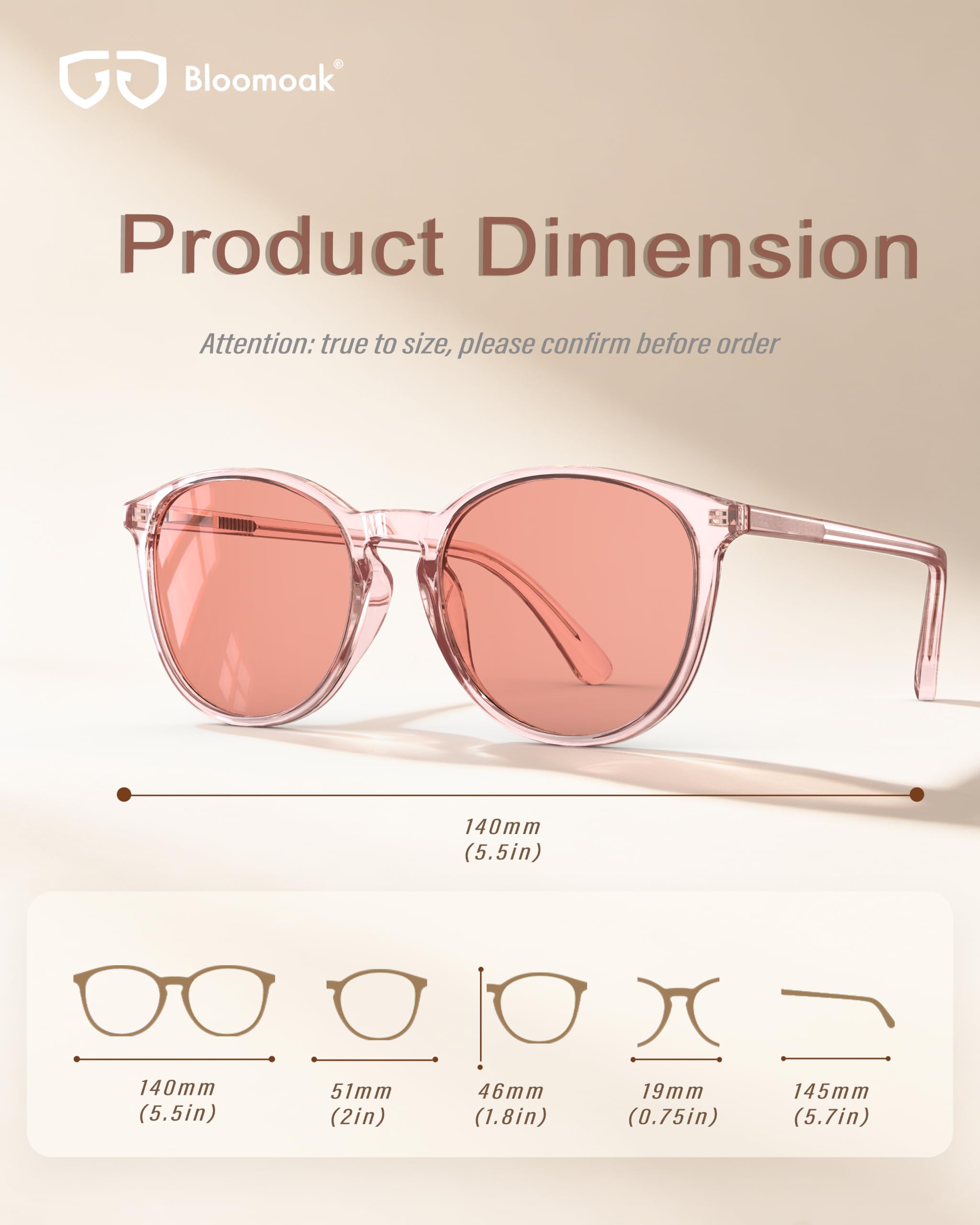 Bloomoak Lunettes anti-migraine teintées rose rétro rond anti-lumière bleue FL-Flex photophobie fatigue oculaire