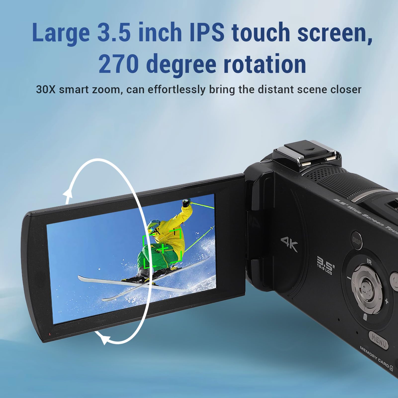 Fabater Caméscope Vidéo 4K, Caméra Vlogging 30 MP pour Youtube, Zoom 30X, Caméscope à écran Rotatif de 3,5 Pouces à 270 Degrés avec Microphone, Stabilisateur, Pare-Soleil, Télécommande