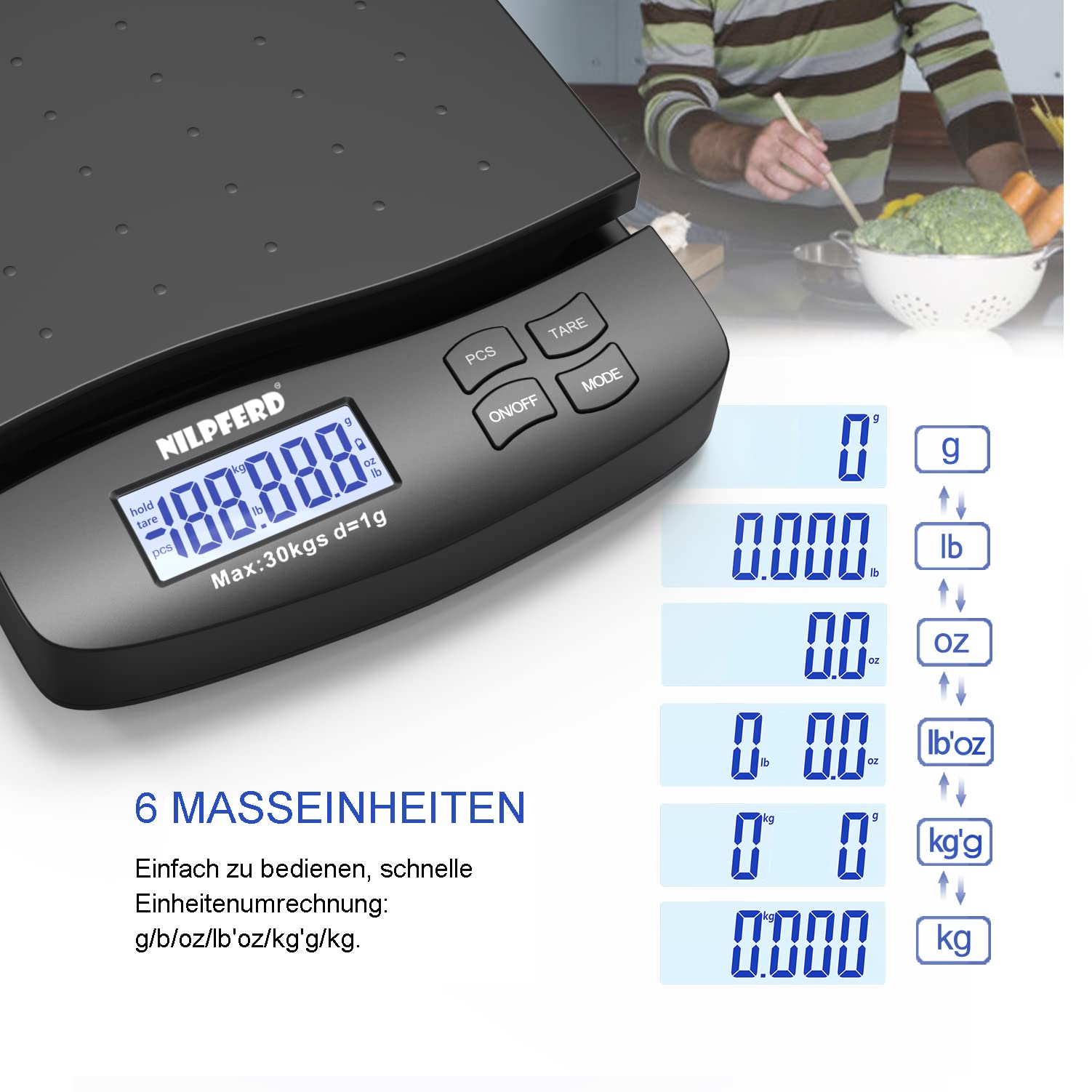 Nilpferd Digitale Paketwaage 5g-30kg 1g Schritten Postwaage Briefwaage LCD Anzeige Schwarz