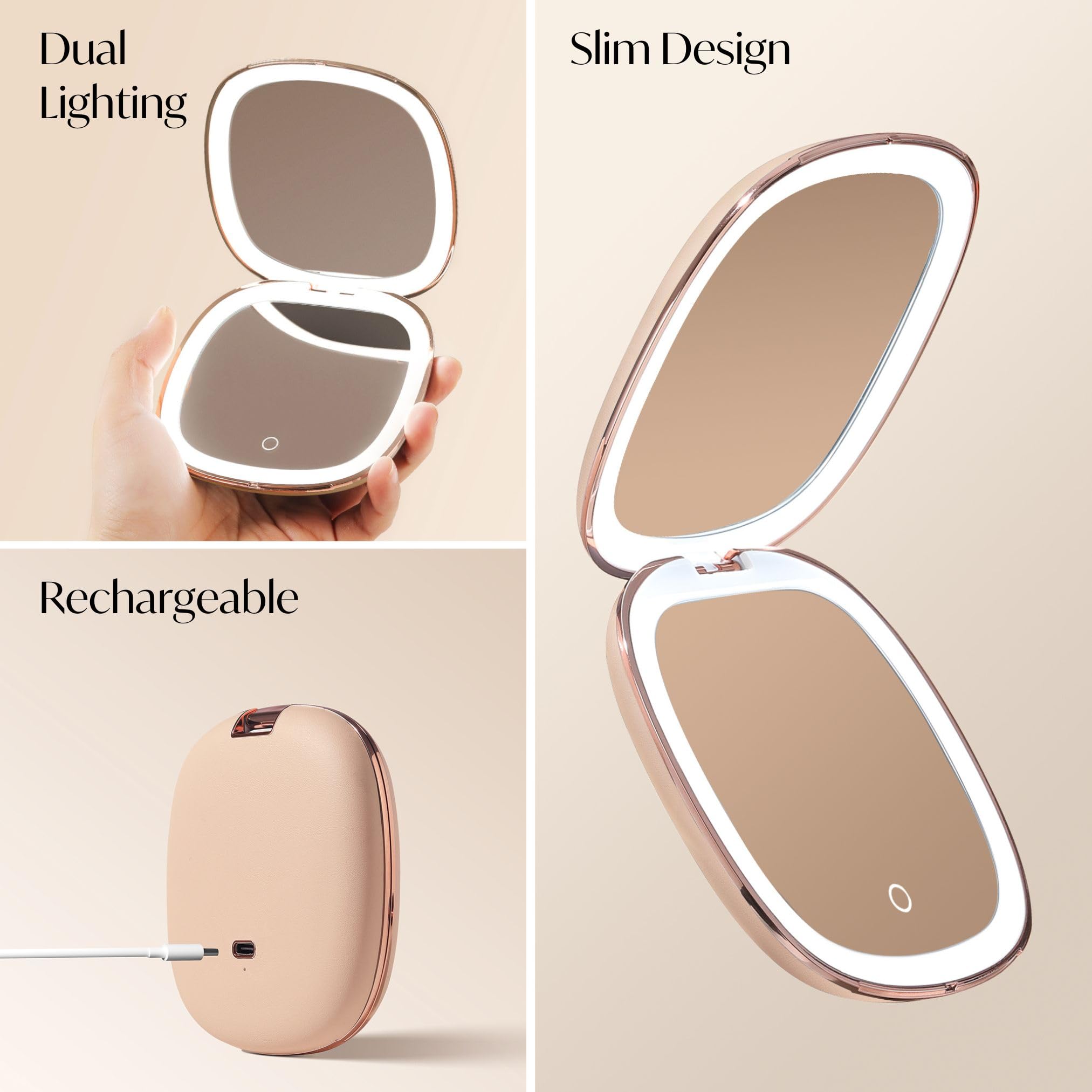 Fancii Mila 2 Specchio da trucco compatto con luce LED, ricaricabile, ingrandimento 10x/1x, sistema di illuminazione Tru-Glow, pelle vegana, piccolo specchio da viaggio per borse (crema champagne)