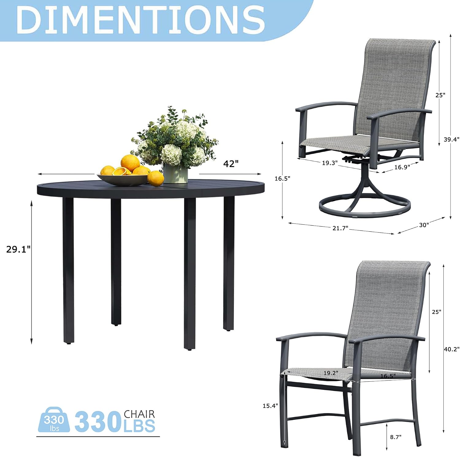 5 Piece Outdoor Dining Set, 42" Black Round Outdoor Dining Table with 2 Grey Swivel Outdoor Dining Chairs and 2 Fixed Patio Table and Chair Set of 4 for Lawn, Garden, or Porch