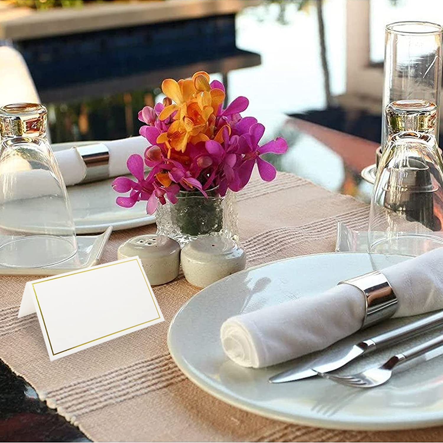 50 Pack Premium Place Cards - Double Gold Foil Border Tent Cards, 3.5" X 2" Folded, 250gsm Thick Paper For Weddings, Parties, Table Decor