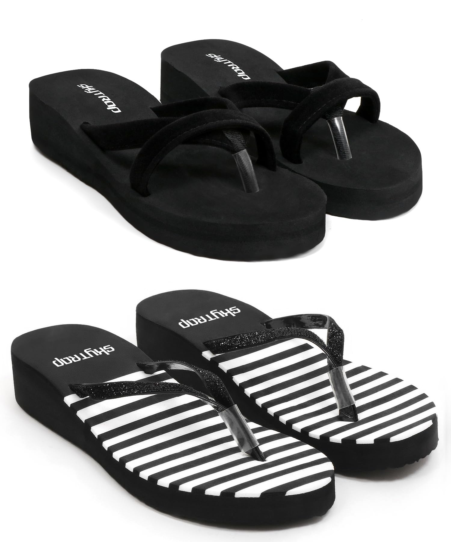 SkytrapWomen Black Nubuck, Shimmer Slippers Flipflop Combo of 2