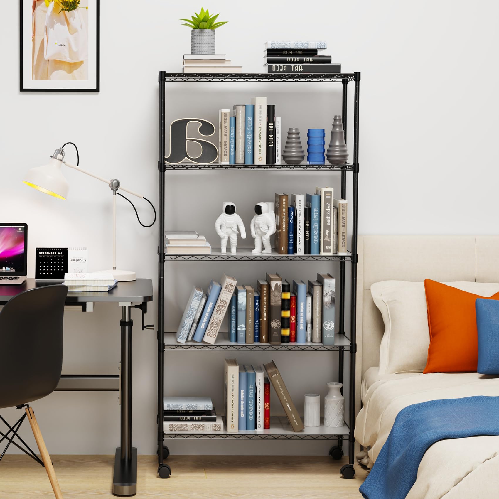 5 Tier NSF Wire Shelf Shelving Unit, 14 x 30 x 60 Inch 750lbs Capacity Adjustable Storage Metal Rack with Wheels/Leveling Feet & Shelf Liners, Ideal for Kitchen, Office Home and More - Black Set of 2
