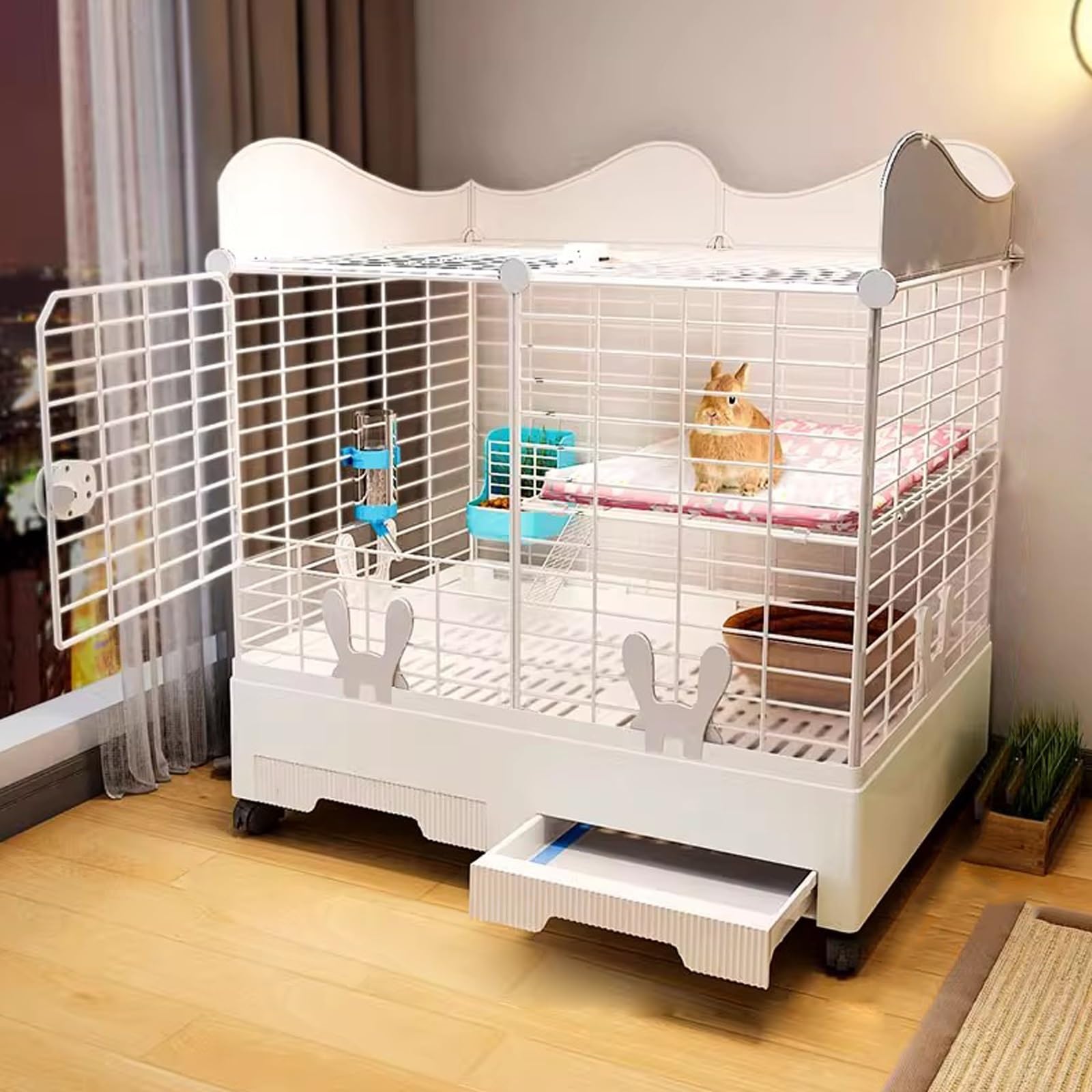 Conejera Doble, Conejera de Interior con Espacio de Almacenamiento - Conejera para Animales Pequeños con Dos Bandejas Deslizantes para Conejos, Chinchillas y Hurones(White)