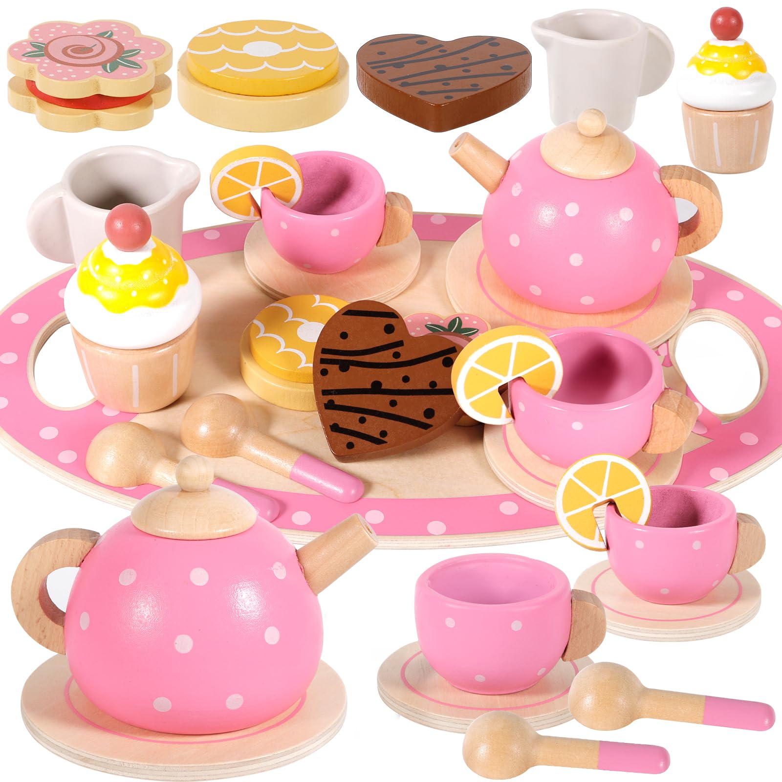 ZHHGOO Service à Thé En Bois Montessori – 14 Pièces Roses, Jeu D'imitation Pour Filles 3-7 Ans, Accessoire Cuisine