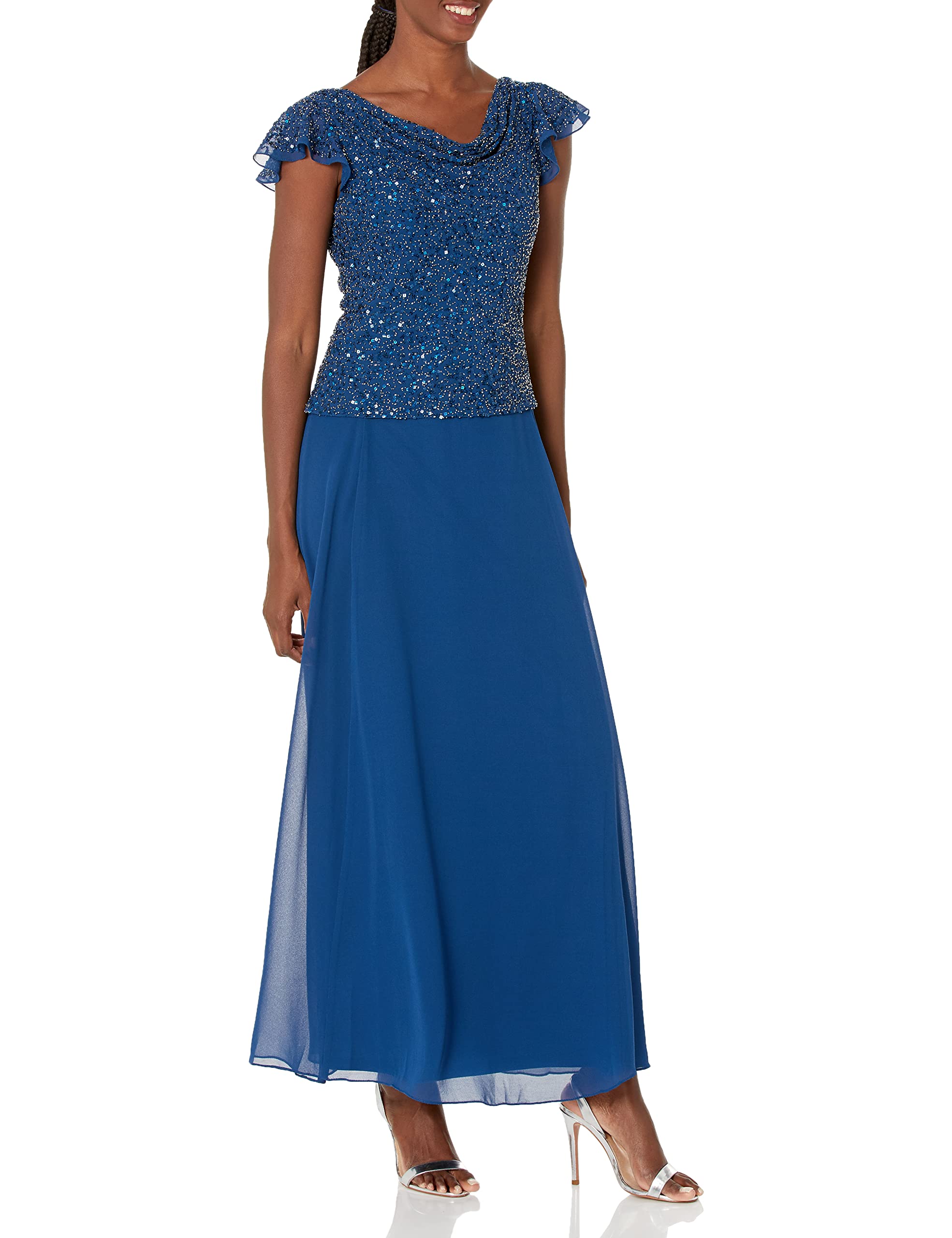 j kara flutter sleeve beaded dress Women's Long Cowl Neck Formal Dress, Cobalt Multi Fashion brand_Maggie Sottero black dress with cut Size:Boys 16 making every step feel