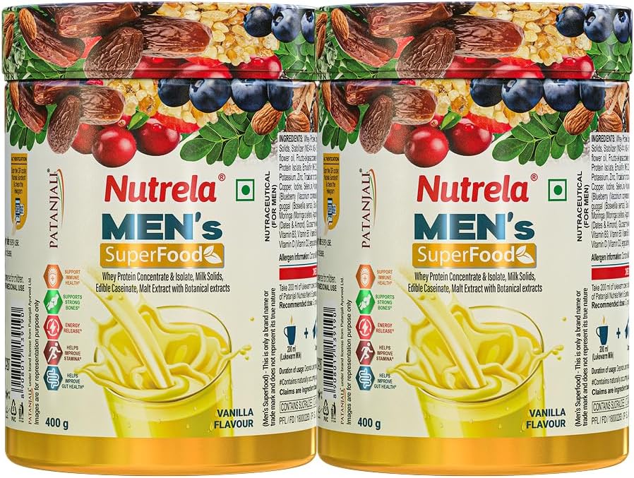 NUTRELA Men Superfoods With Whey Protein Powder - 400g, Vanilla Flavor | Everyday Fitness with Biofermented Multivitamins & Whey Protein to support in Bone & Joints Health, Muscle | Pack of 2