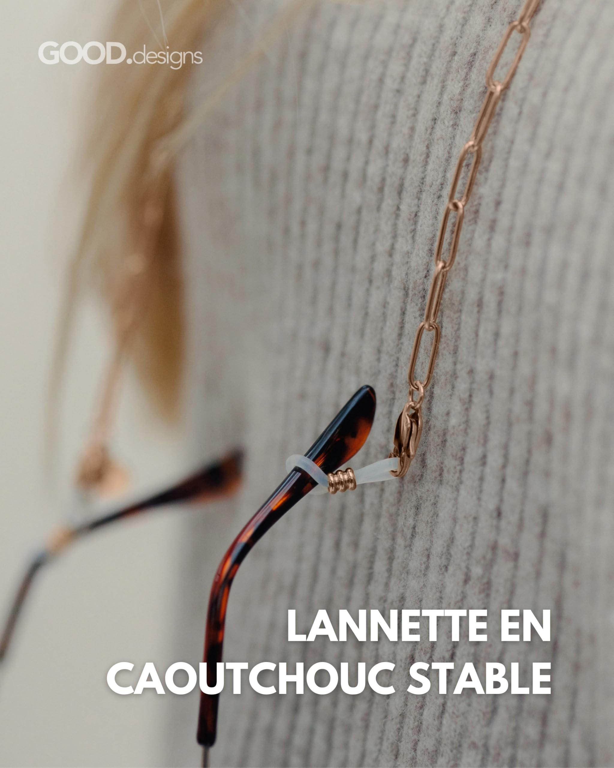 GD GOOD.designs Chaîne à Lunettes Femme (75 cm) Résistante à l’Eau | Chaîne pour Lunettes en Or, Argent ou Or Rose | Cordon à Lunettes en Acier Inoxydable pour Lunettes de Soleil