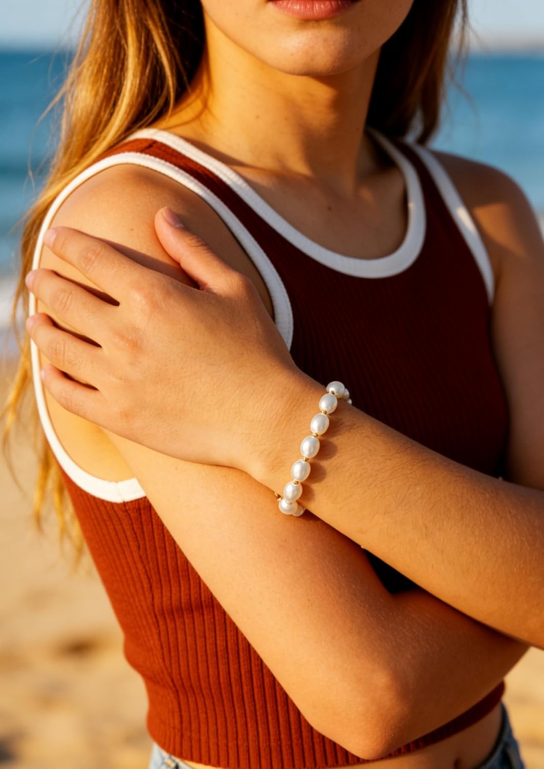 vevelota Pearl Bracelet for Women 18K Gold Plated Beaded Link Chain Dainty Bracelet with Simulated Pearl Trendy Stack - Image 3