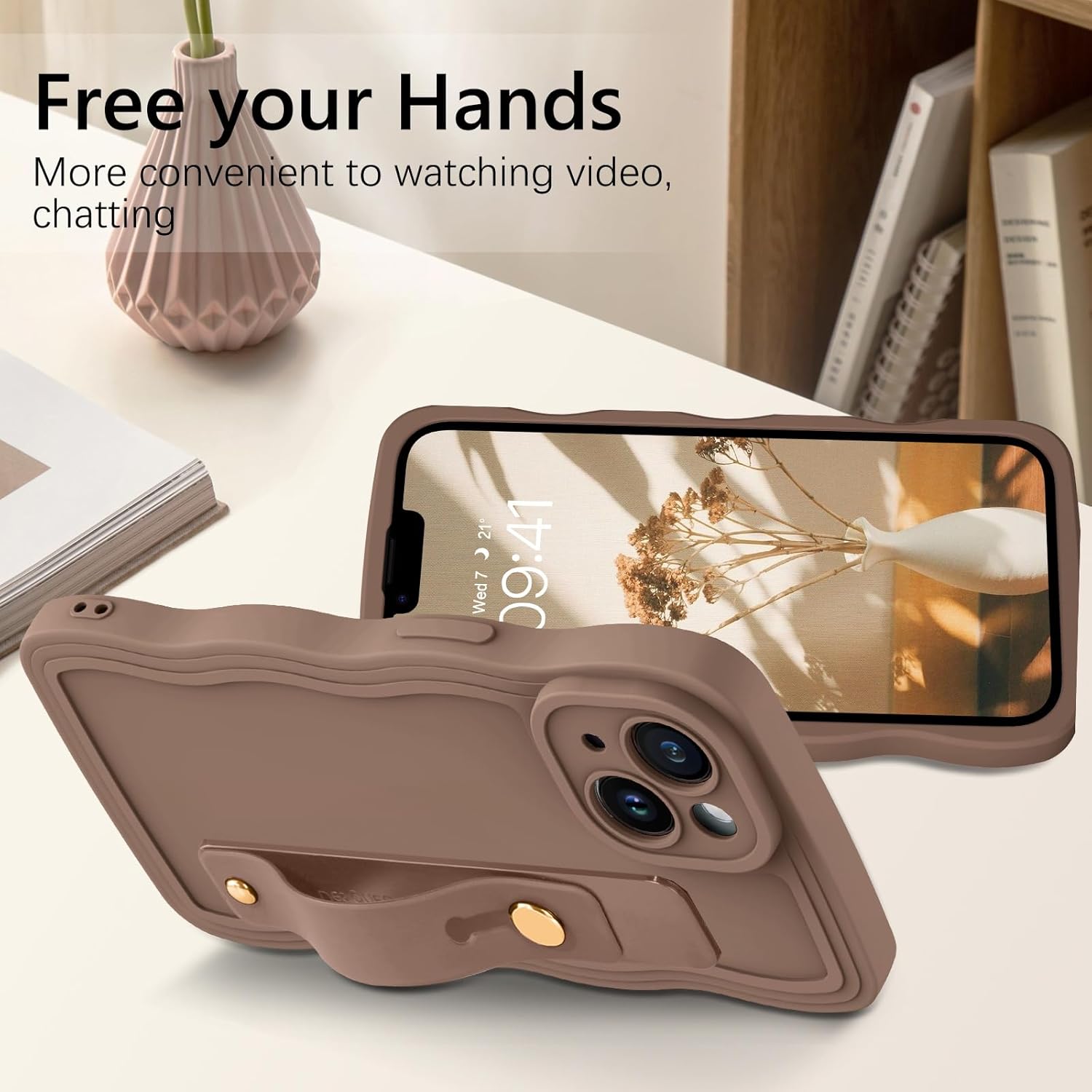 GUAGUA Compatible with iPhone 14 Case 6.1 Inch Cute Curly Wave Shape iPhone 14 Phone Case with Adjustable Wristband Kickstand Slim Soft TPU Shockproof Protective Strap Case for iPhone 14, Brown - Image 4