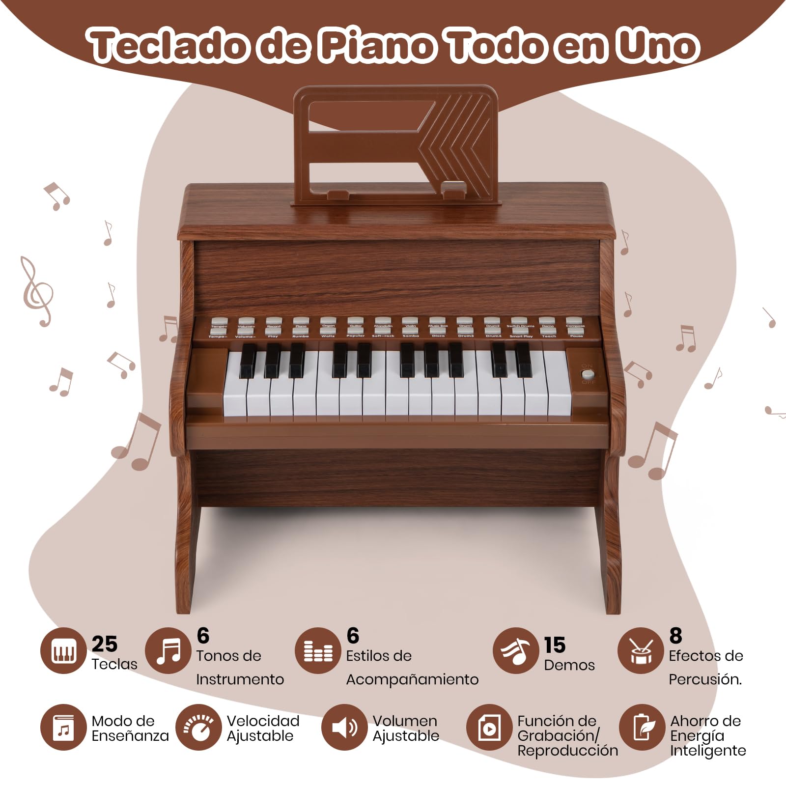 GOPLUS Teclado de Piano con 25 Teclas Iluminadas, Instrumento Musical para Niños con Atril Extraíble, Piano Eléctrico de Madera con Velocidad y Volumen Ajustables, 3+ Años (Marrón)