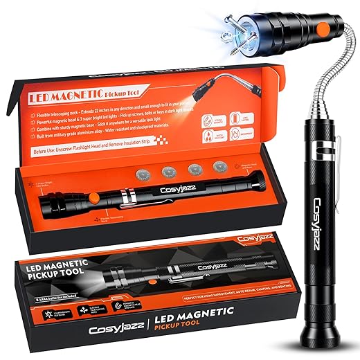 Magnetic Pickup Tool, Cosyjazz Magnetic Flashlight Telescoping Magnet with LED Flashlight and Extendable Neck, Cool Gadget Birthday Gifts for Men, Dad, Husband, Mechanic, Tech, Handyman