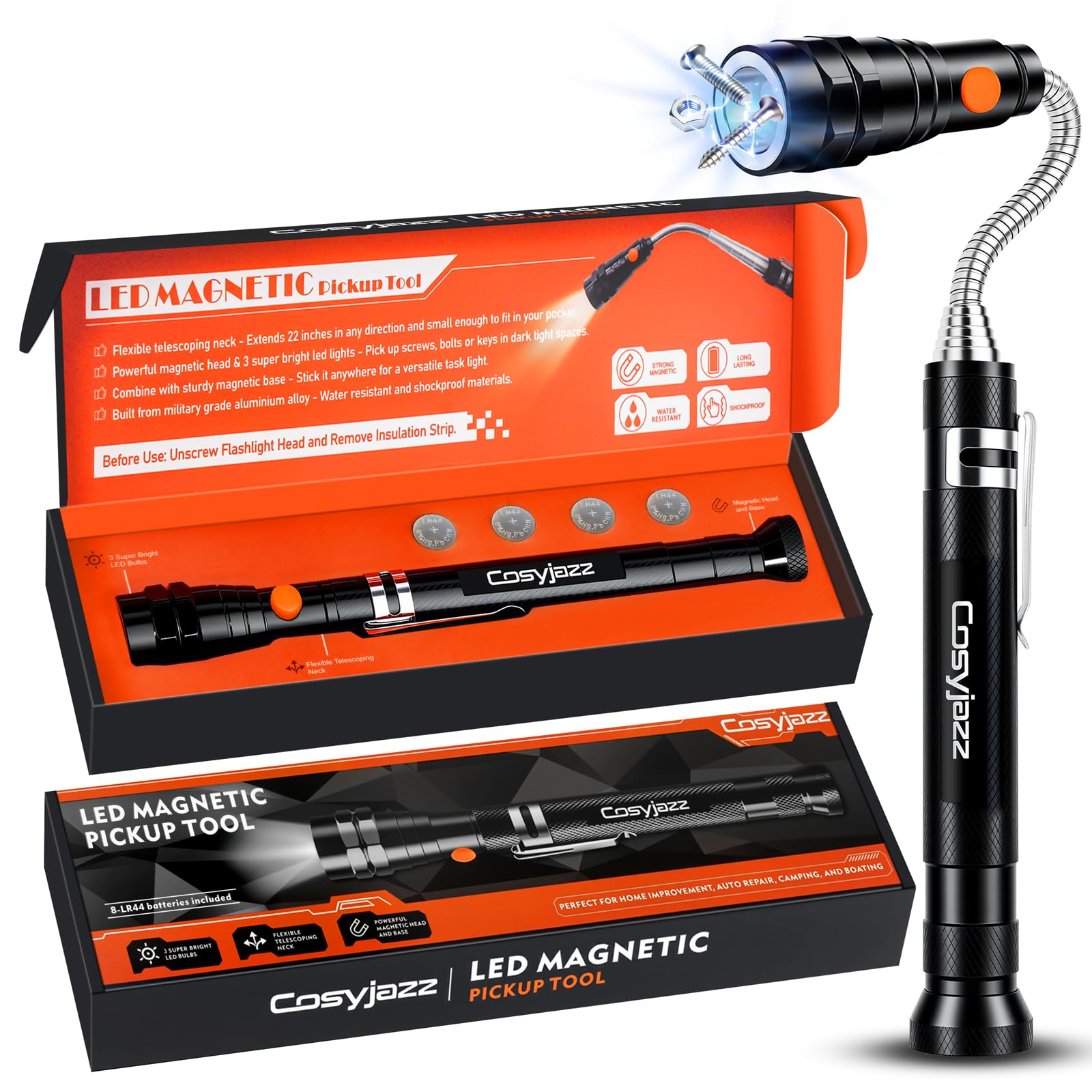 Cosyjazz Magnetic Pickup Tool with Telescoping Neck and LED Flashlight for Mechanics