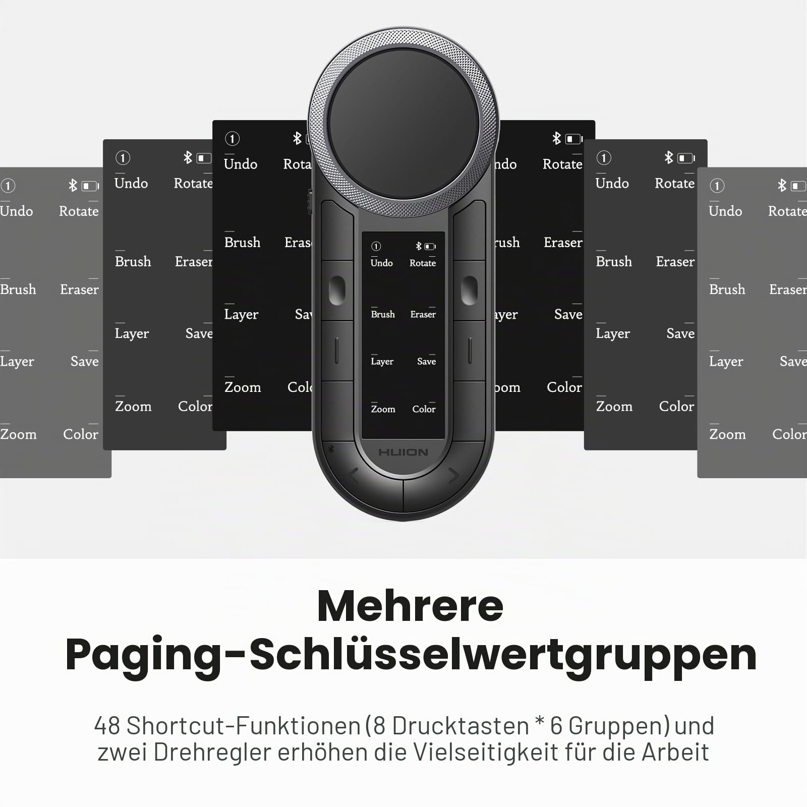 HUION Keydial Fernbedienung, programmierbare Bluetooth-Tastatur mit zwei Zifferblättern, 60 benutzerdefinierte Tasten, OLED-Display, Makro-Tastatur, funktioniert mit PC, Mac, Handy, Einhand-Tastatur