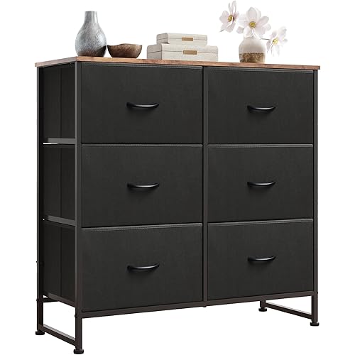 WLIVE Fabric Dresser for Bedroom, 6 Drawer Double Dresser, Storage Tower with Fabric Bins, Chest of Drawers for Closet, Living Room, Hallway, Black and Rustic Brown
