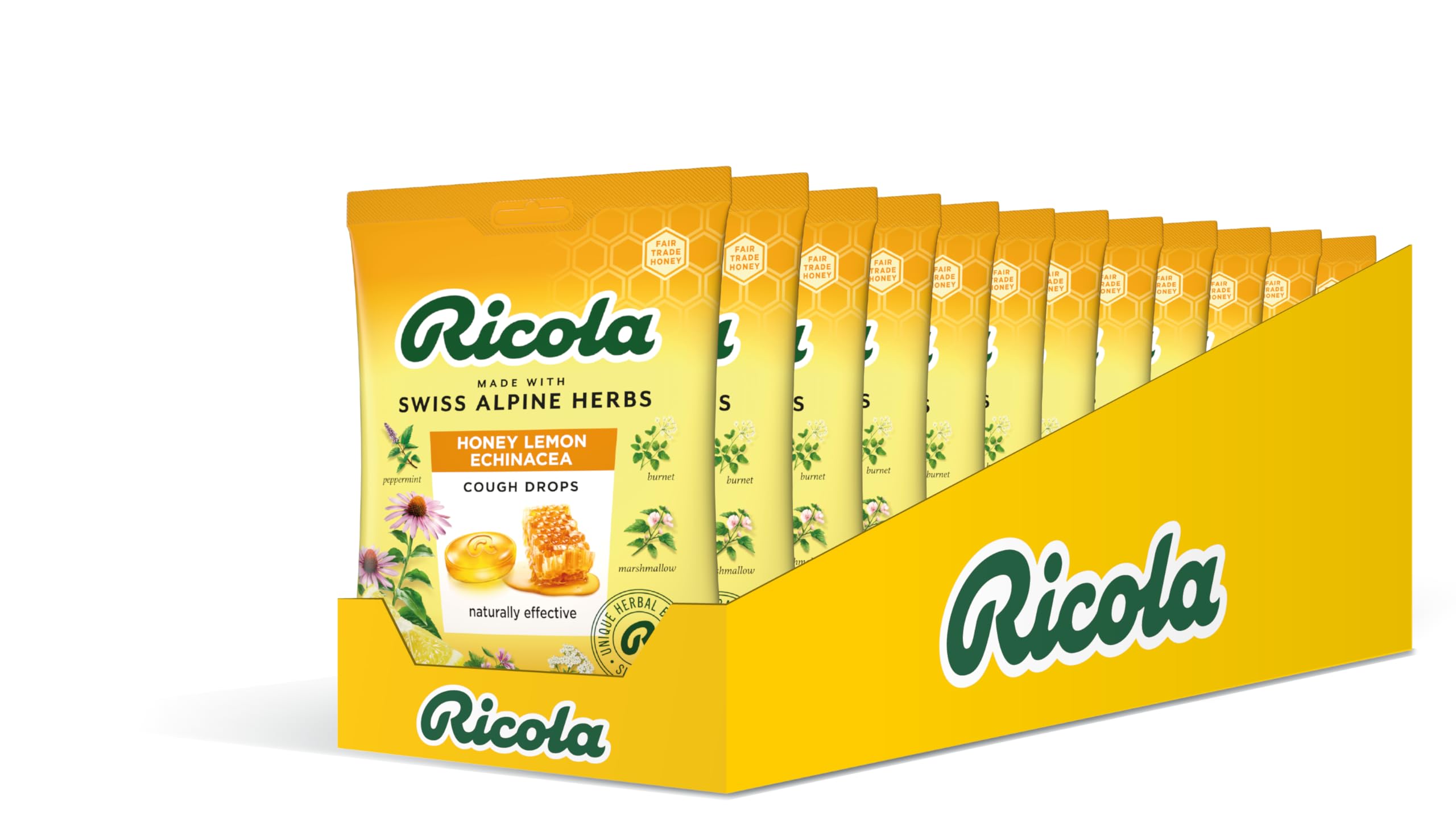 RicolaHoney Lemon and Echinacea Cough Drops Bag, Pack of 12, Naturally Effective Throat Lozenges, Cough Sweets,12 X 75 g