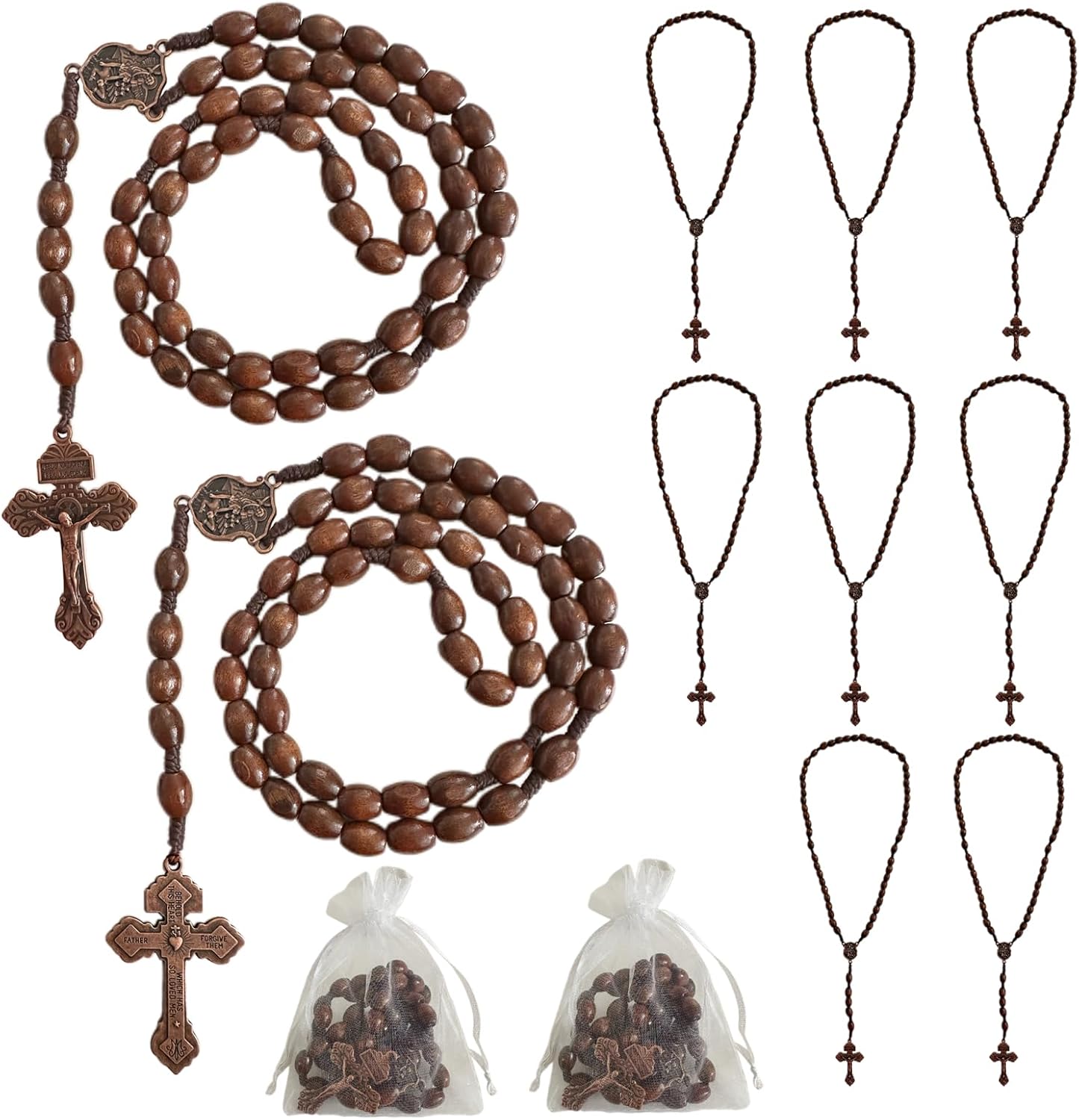 BONITTER 3PCS/10PCS/25PCS Baptism Favor Saint Michael Archange Pocket Rosary with Organza Bags, Handmade Wooden Beads Cross Necklace, Catholic Christian Prayer Gift