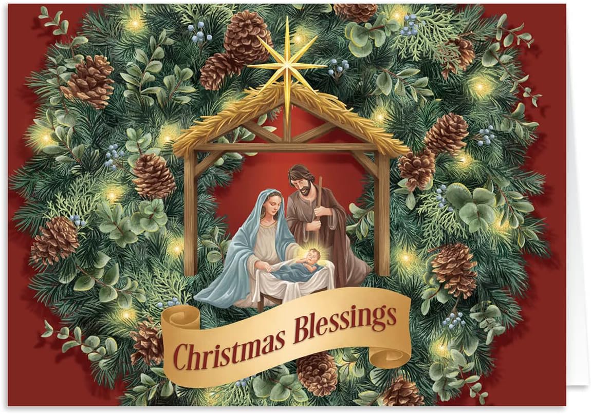 HOLIDAY PEAK Custom Nativity Wreath Christmas Card Set of 20, Card and Front of Envelope Personalization With Design